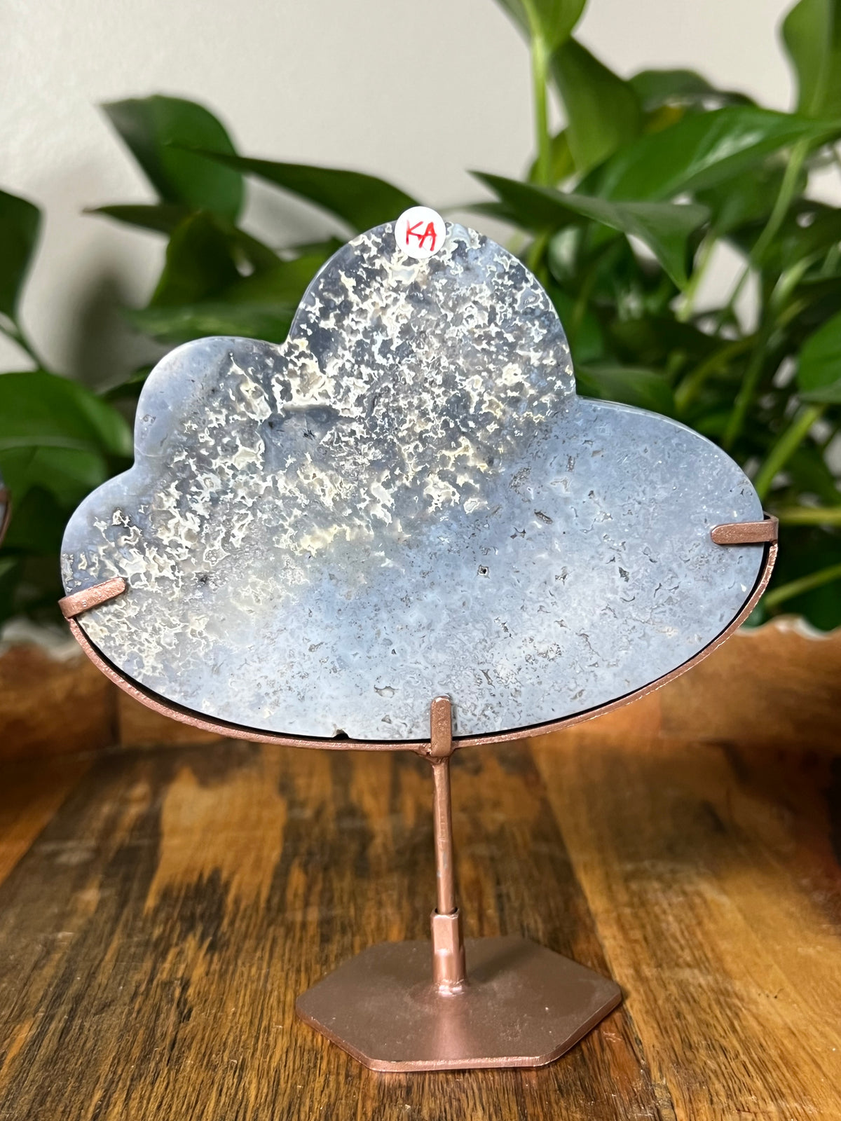 Blue Plume Agate On Metal Stand Clouds