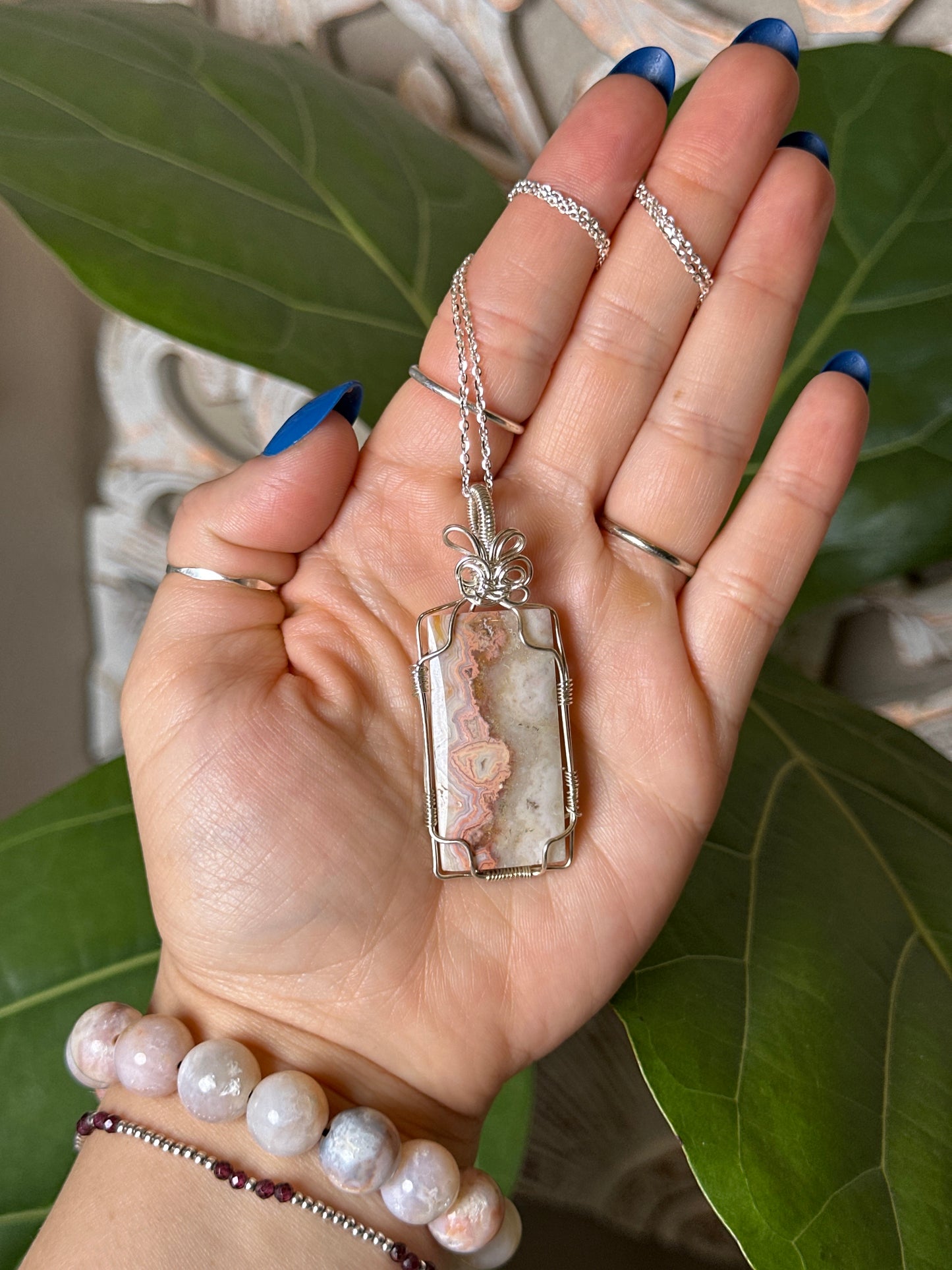 Crazy Lace Agate Rectangular Wire Wrapped Necklace