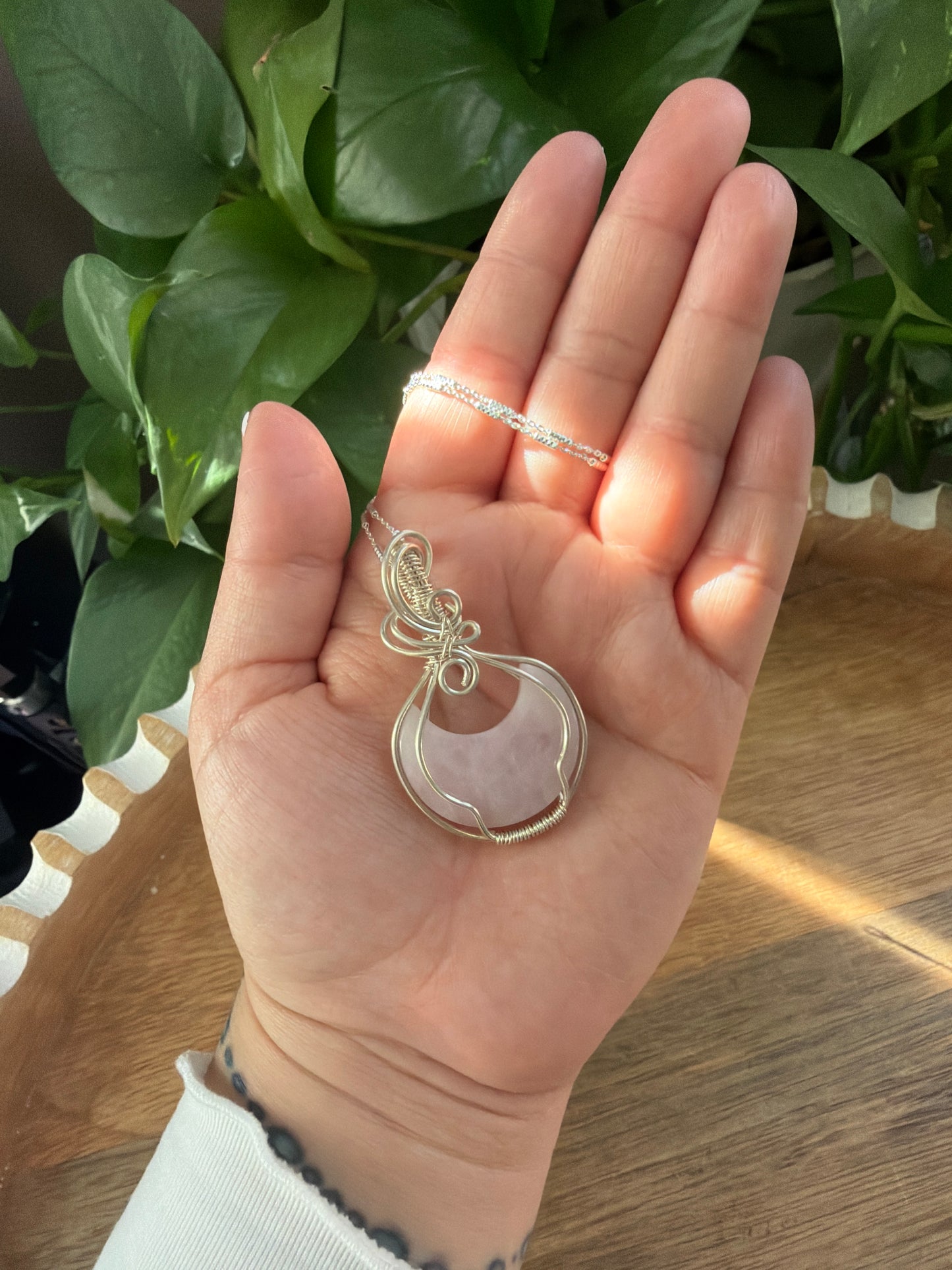 Rose Quartz Moon Wire Wrapped Necklace