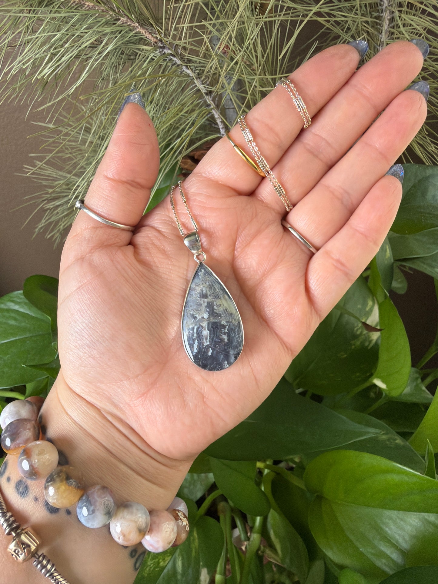 Blue Plume Agate Teardrop Necklace