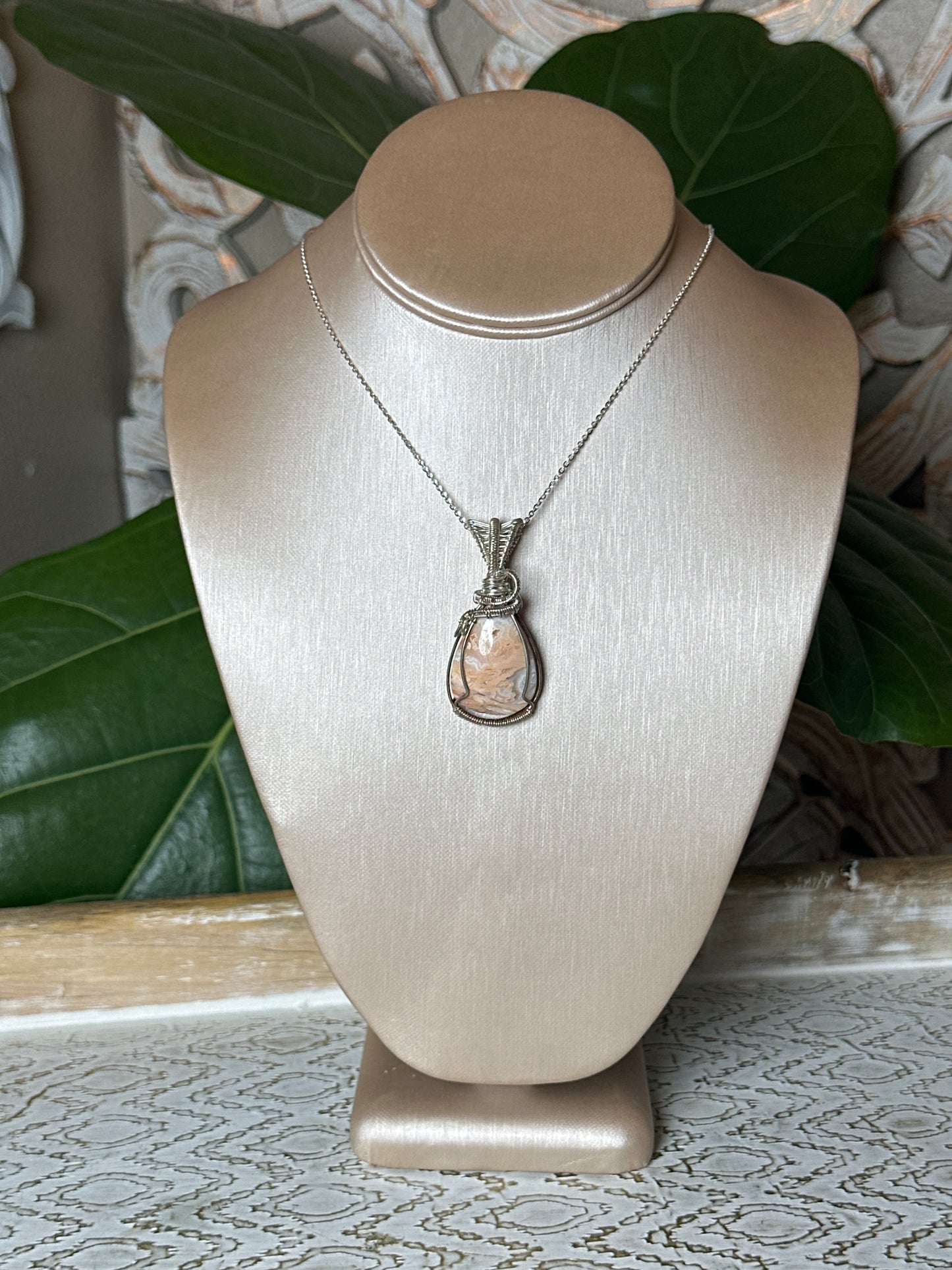 Crazy Lace Agate Oval Wire Wrapped Necklace