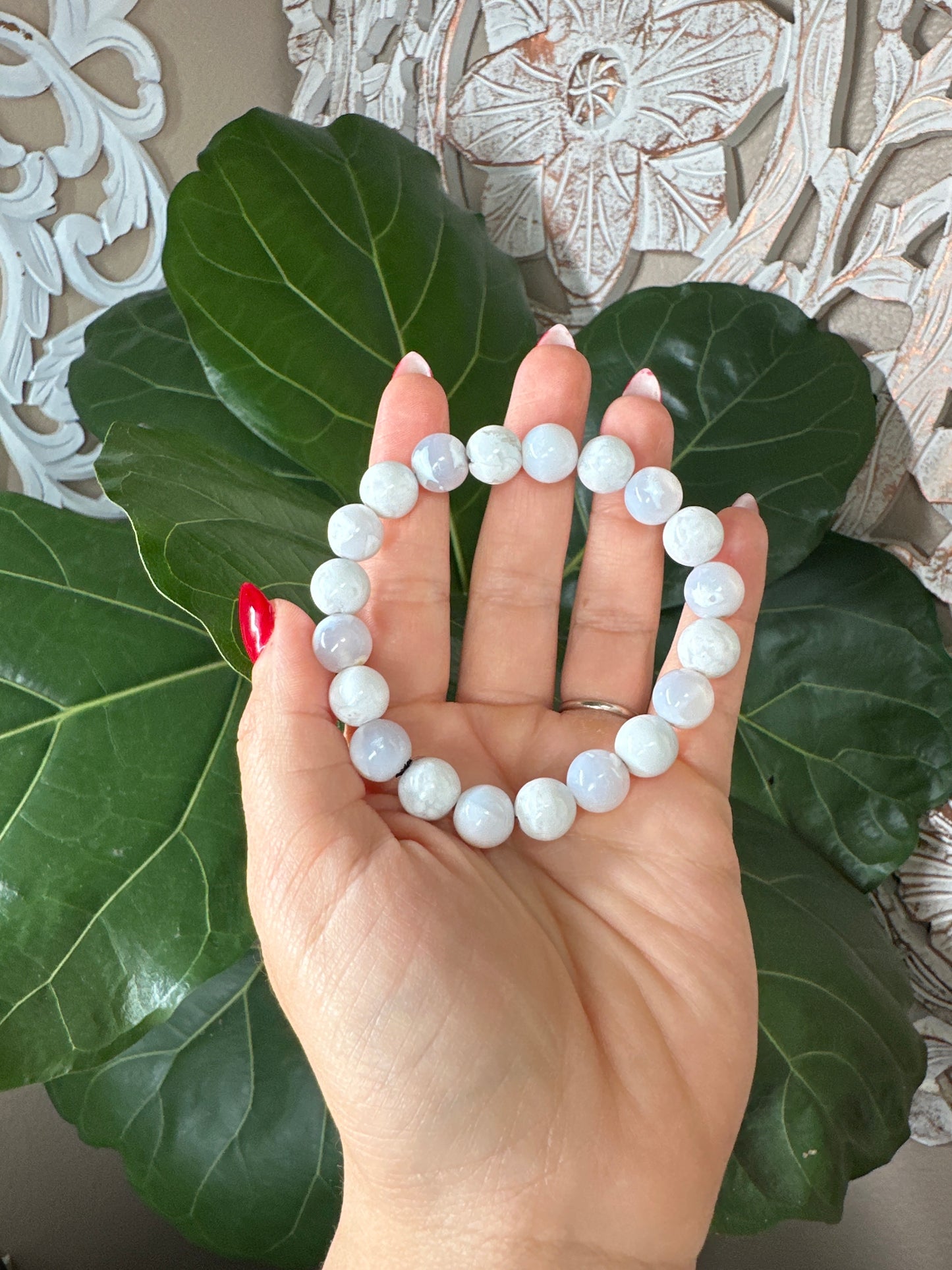 White Snow Agate Beaded Bracelet (10mm)