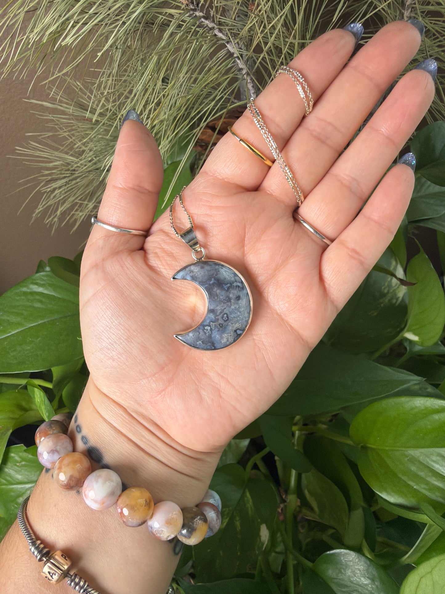 Blue Plume Agate Moon Necklace