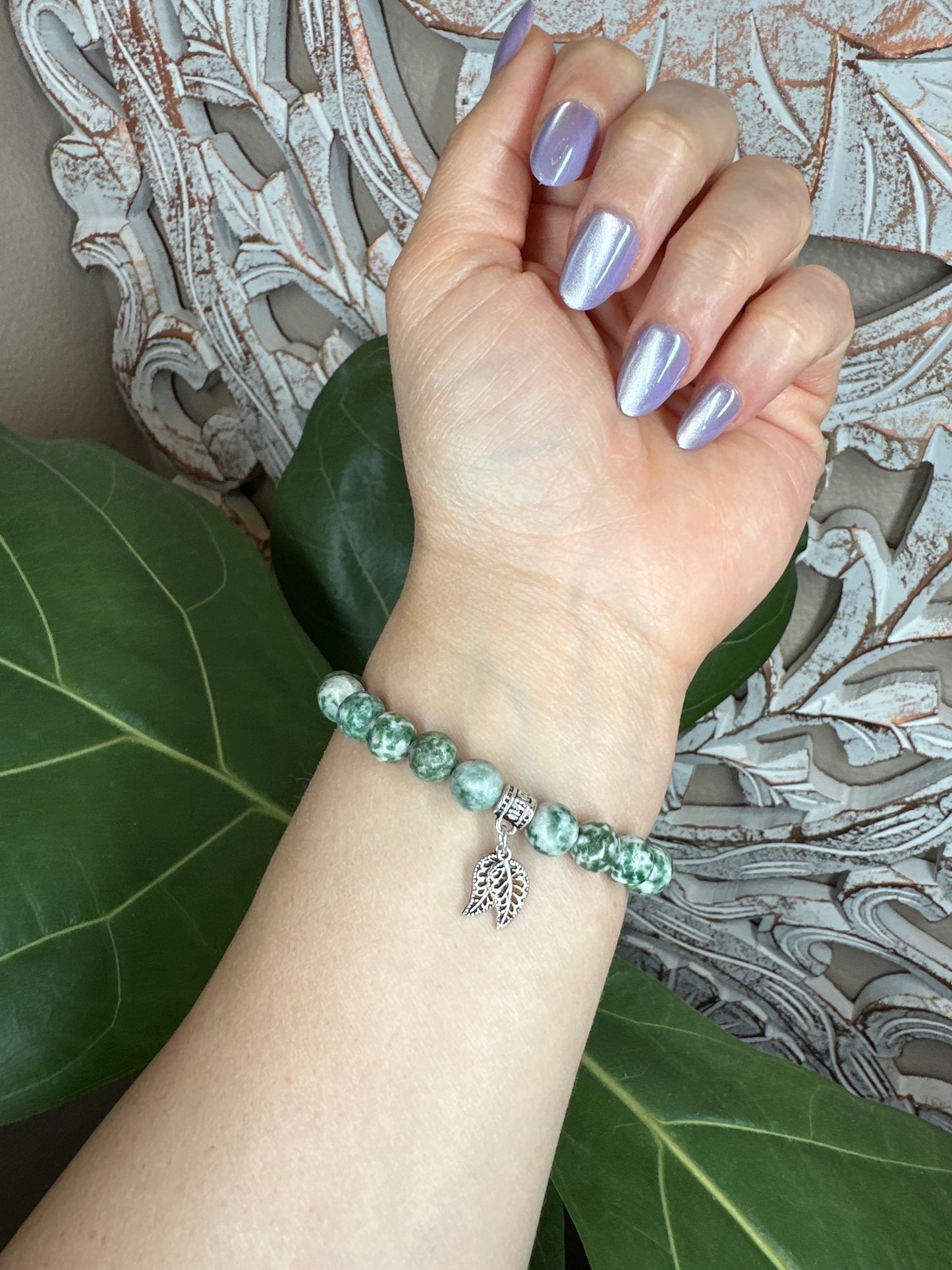 Tree Agate Beaded Bracelet + Silver Charm (8mm)