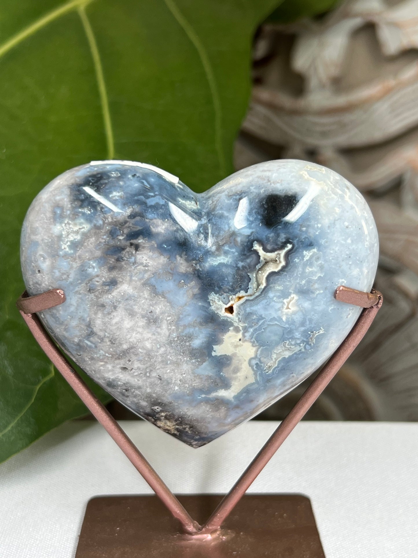 Blue plume agate heart