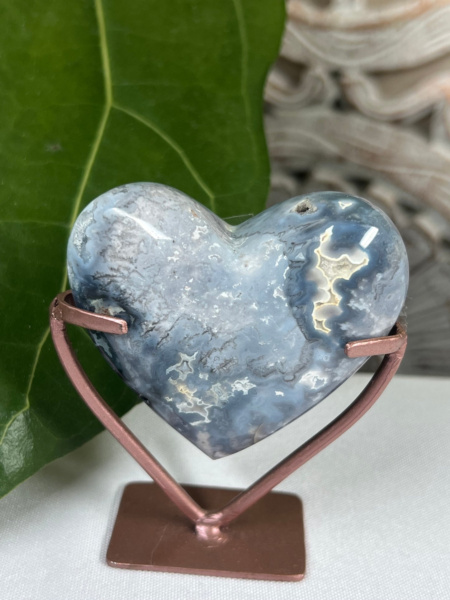 Blue plume agate heart