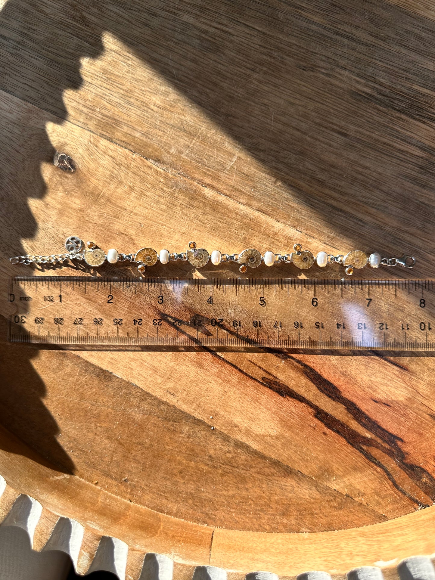 Ammonite, Citrine, & Pearl Infinity Bracelet