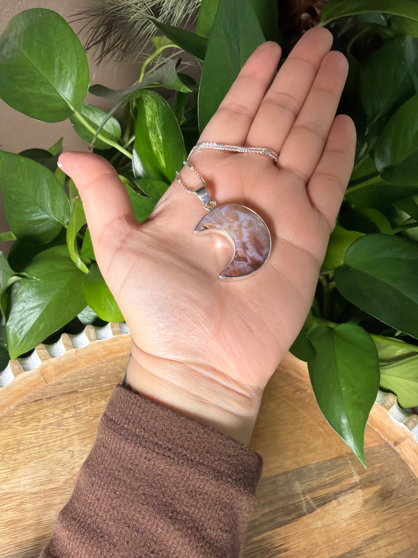 Rainbow Plume Agate Moon Pendant