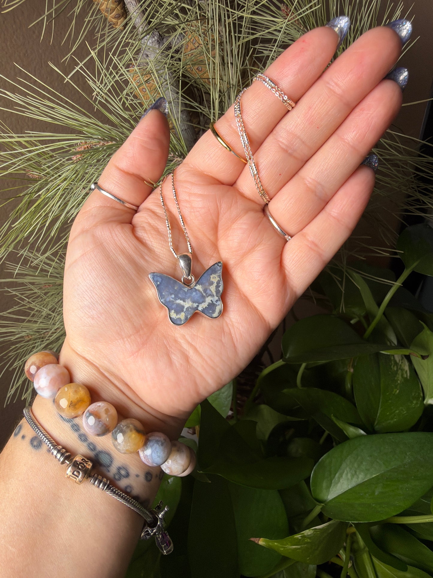 Blue Plume Agate Butterfly Necklace