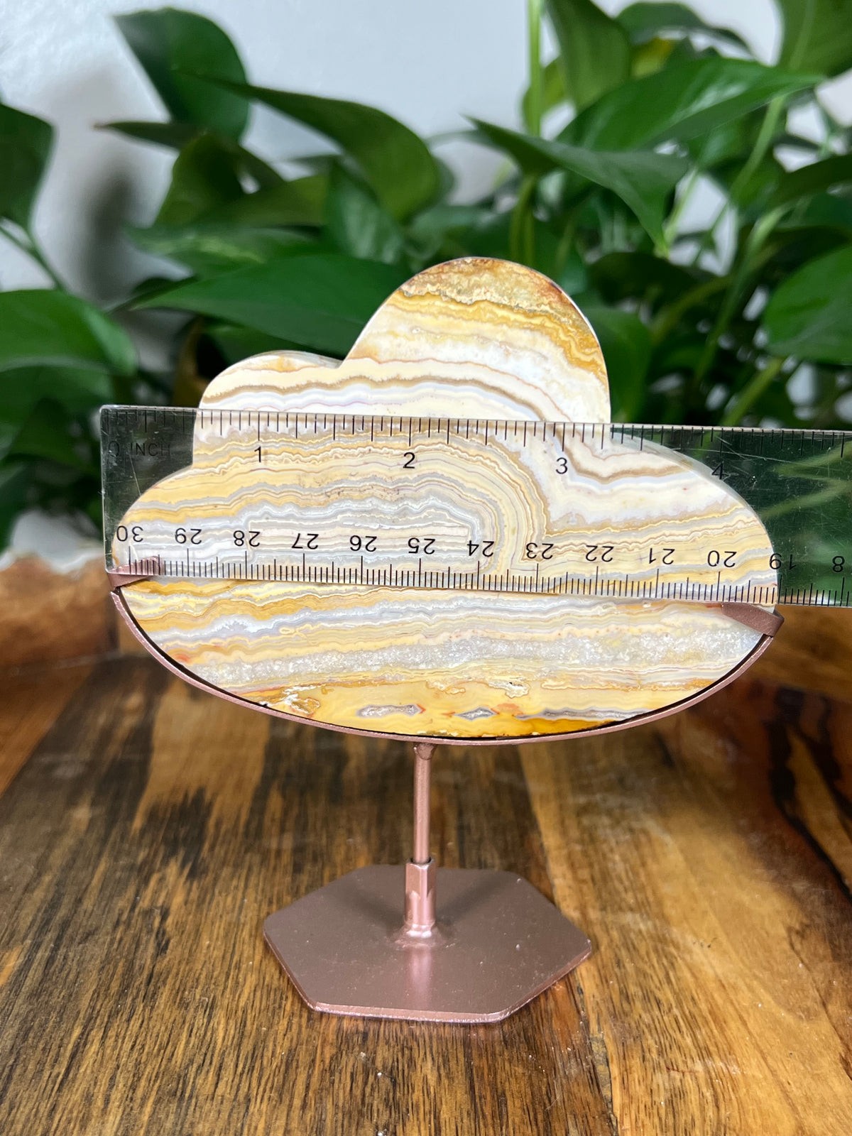 Yellow Crazy Lace Agate On Metal Stand Clouds