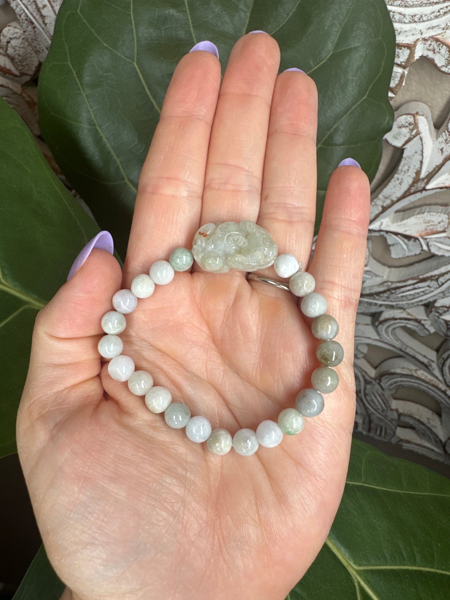 Green Burmese Jade Beaded Bracelet+ Dragon Bead