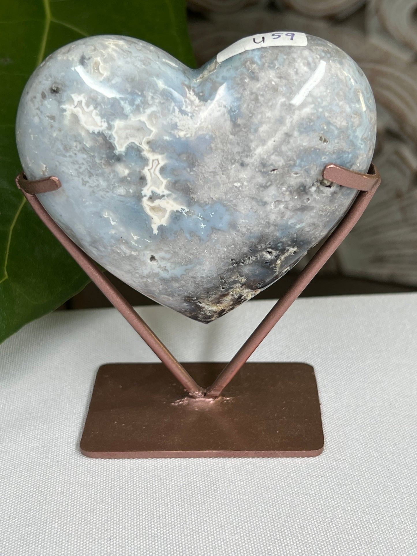 Blue plume agate heart