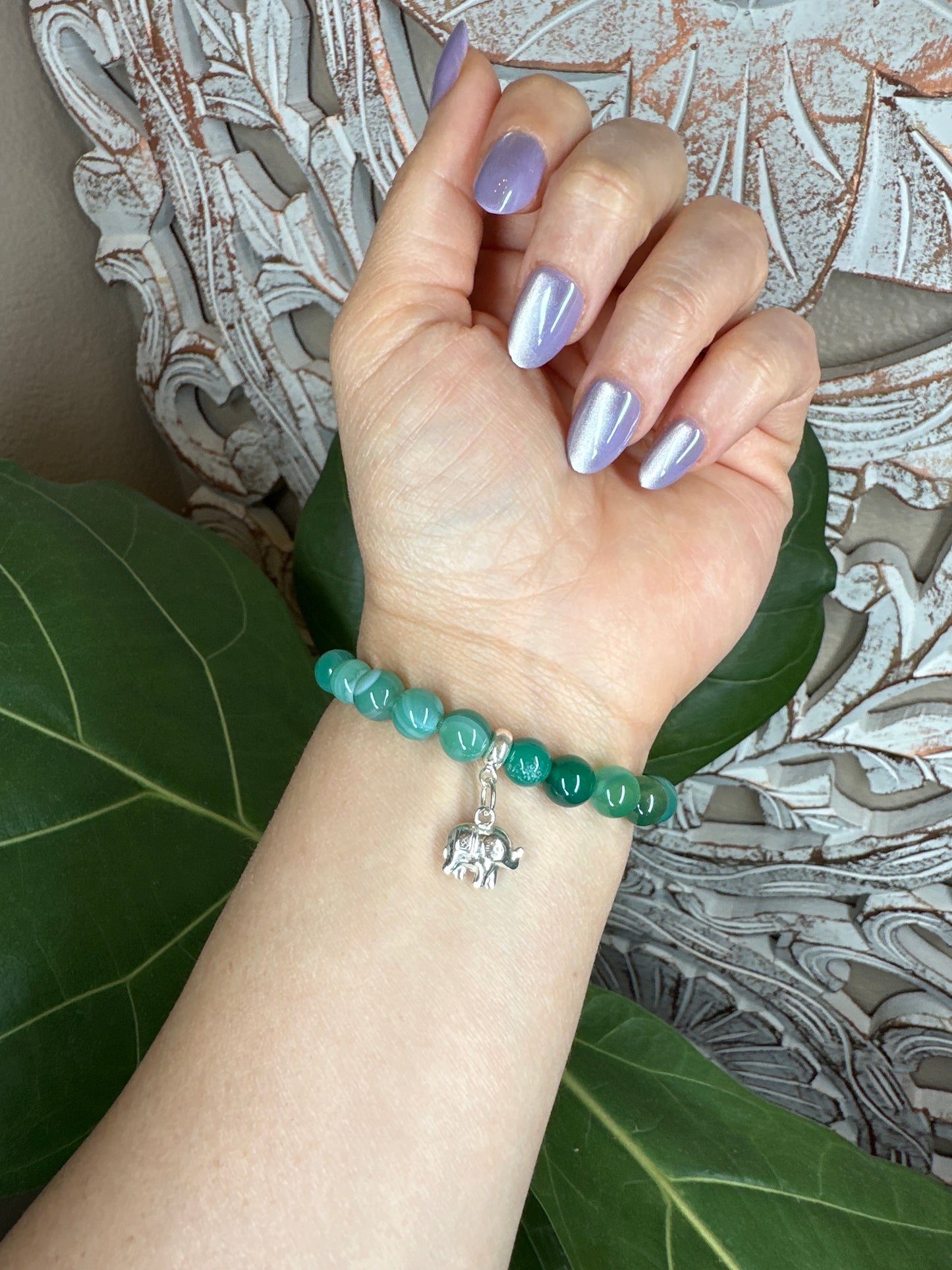 Green Agate Beaded Bracelet + Silver Charm (8mm)
