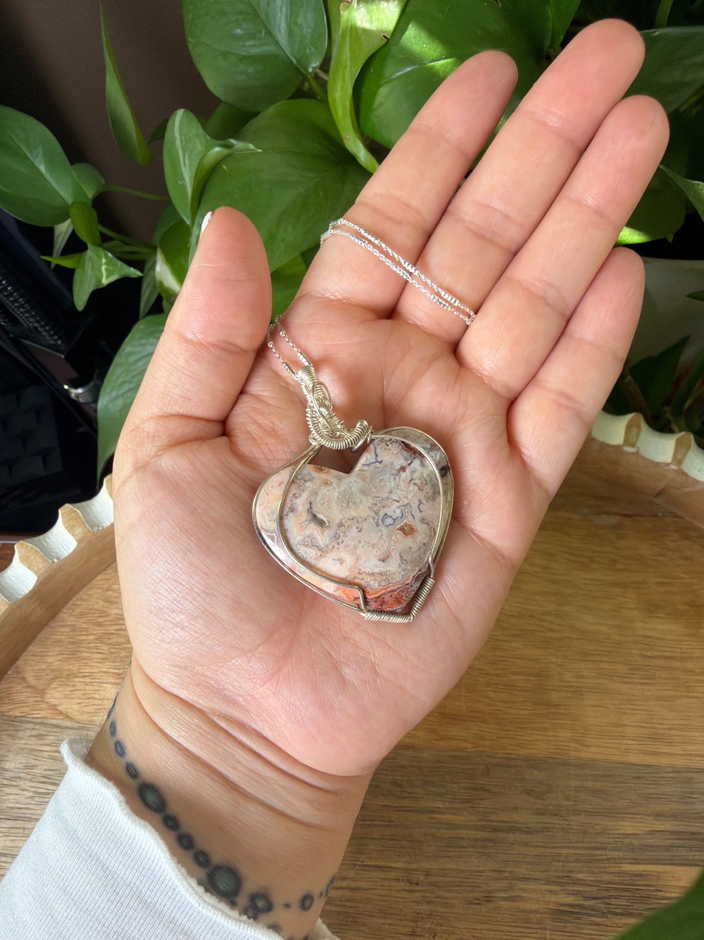Crazy Lace Agate Heart Wire Wrapped Necklace