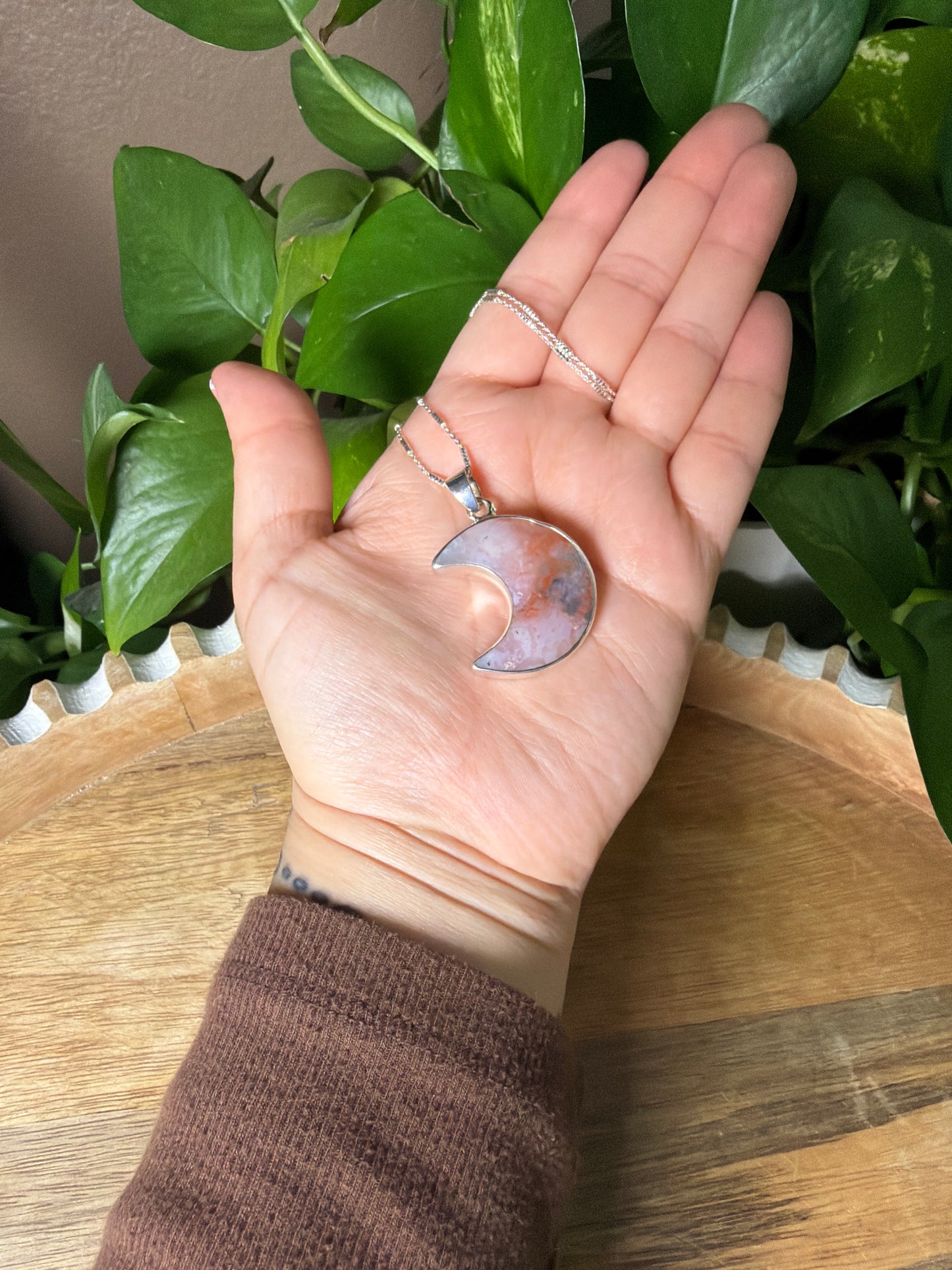 Rainbow Plume Agate Moon Pendant