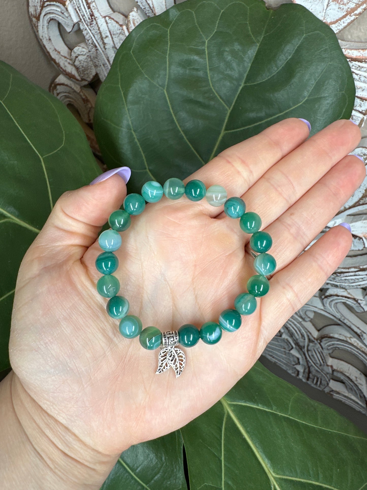 Green Agate Beaded Bracelet + Silver Charm (8mm)