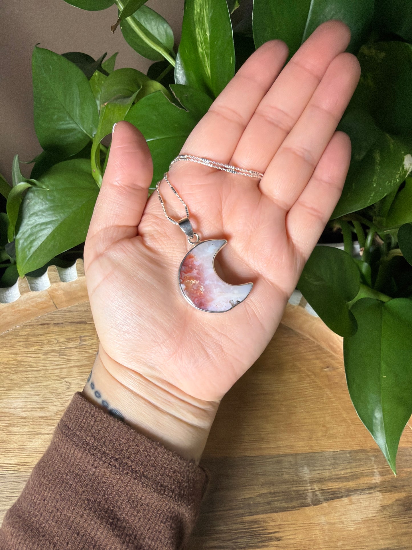 Rainbow Plume Agate Moon Pendant