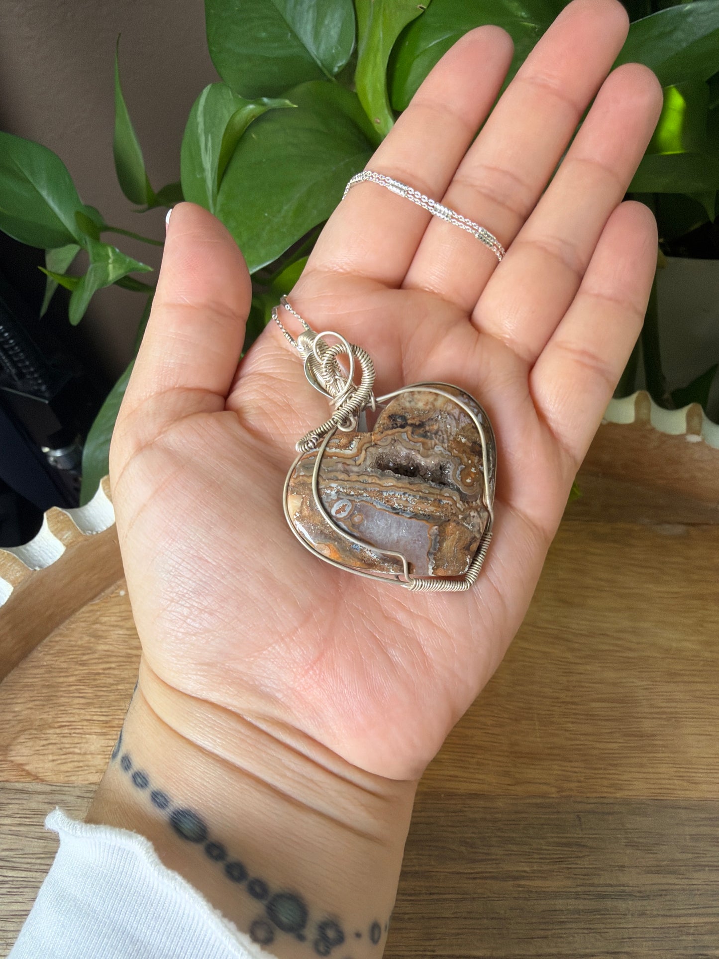 Crazy Lace Agate Heart Wire Wrapped Necklace