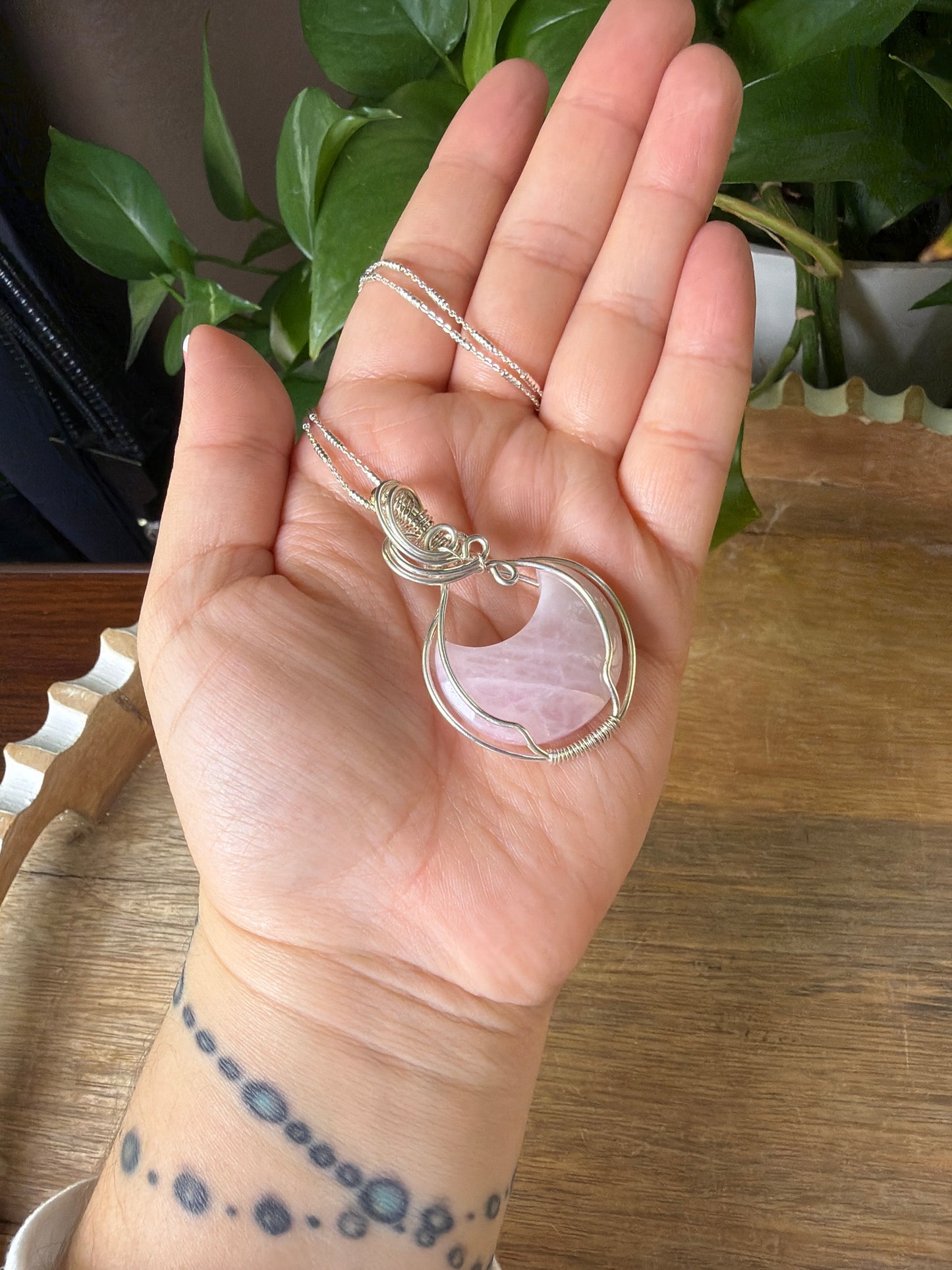 Rose Quartz Moon Wire Wrapped Necklace