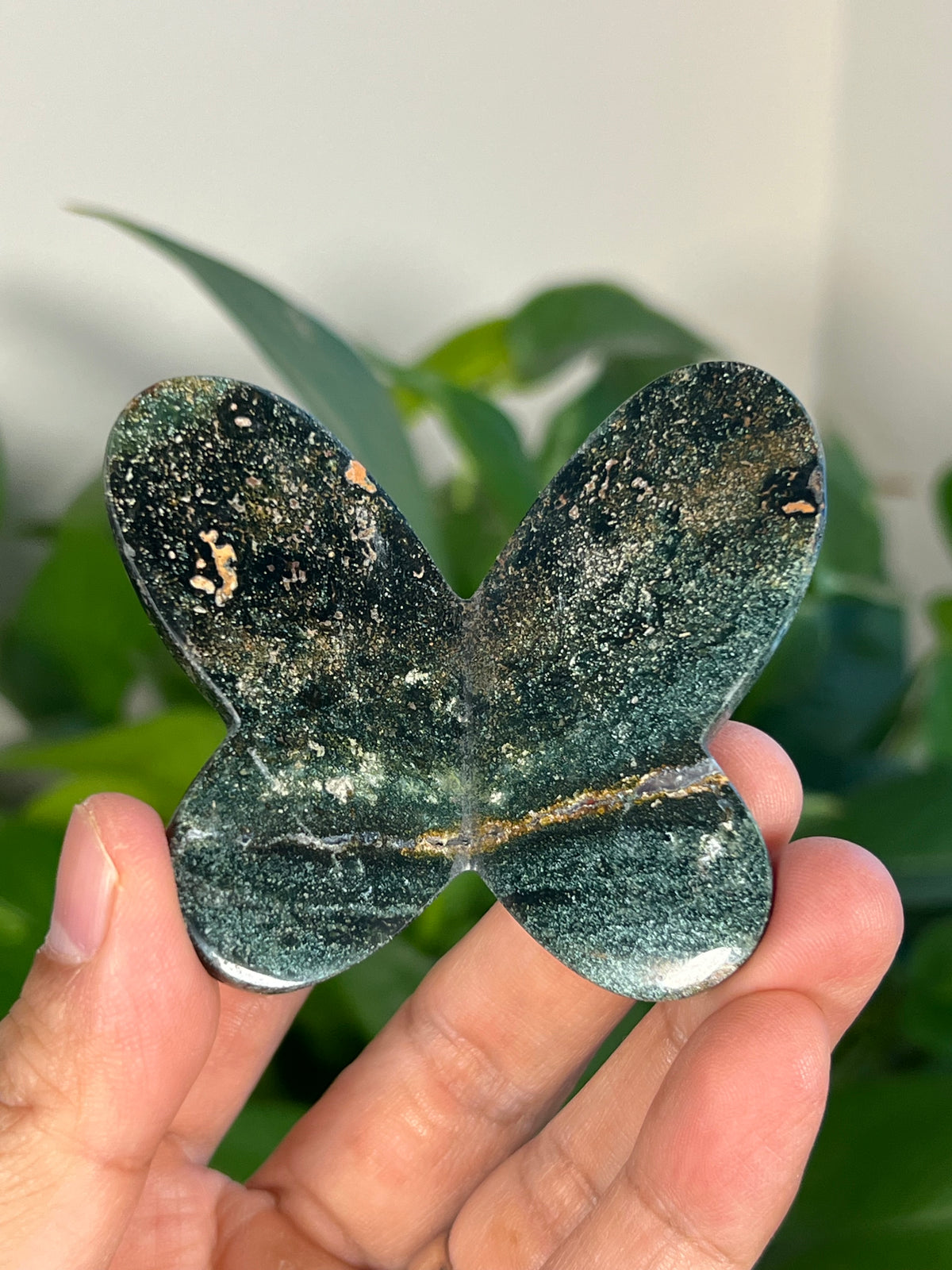 Blue Green Jasper 3D Heart Butterflies