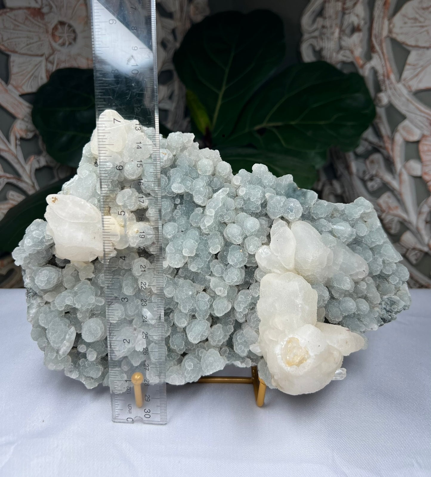 Apophyllite on Calcites on Blue Stalactite Chalcedony Specimen