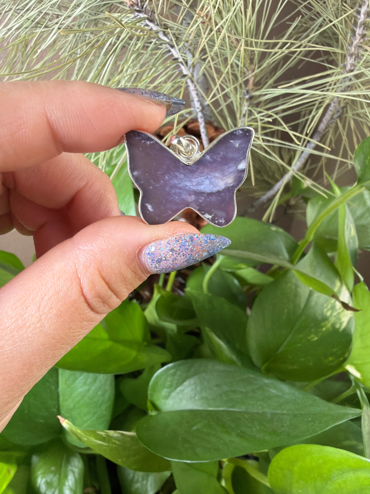 Purple Chalcedony Agate Butterfly Necklace