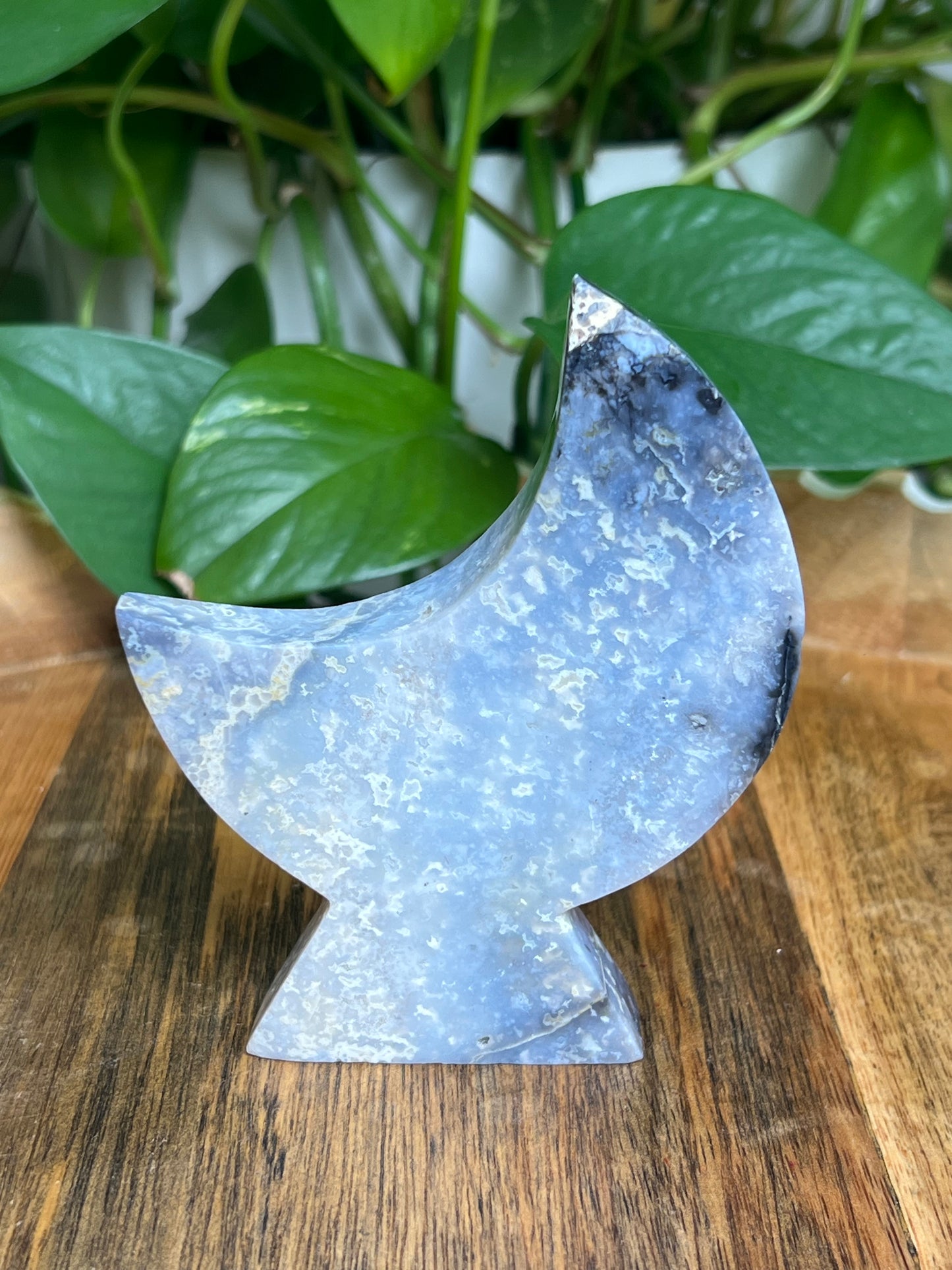 Blue Plume Agate Self-Standing Moon: LG