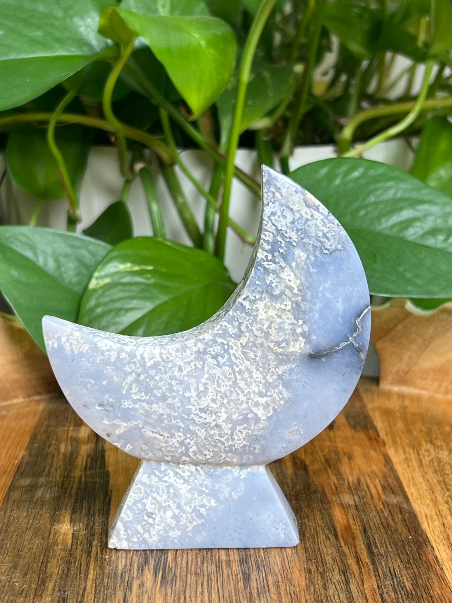 Blue Plume Agate Self-Standing Moon: CK