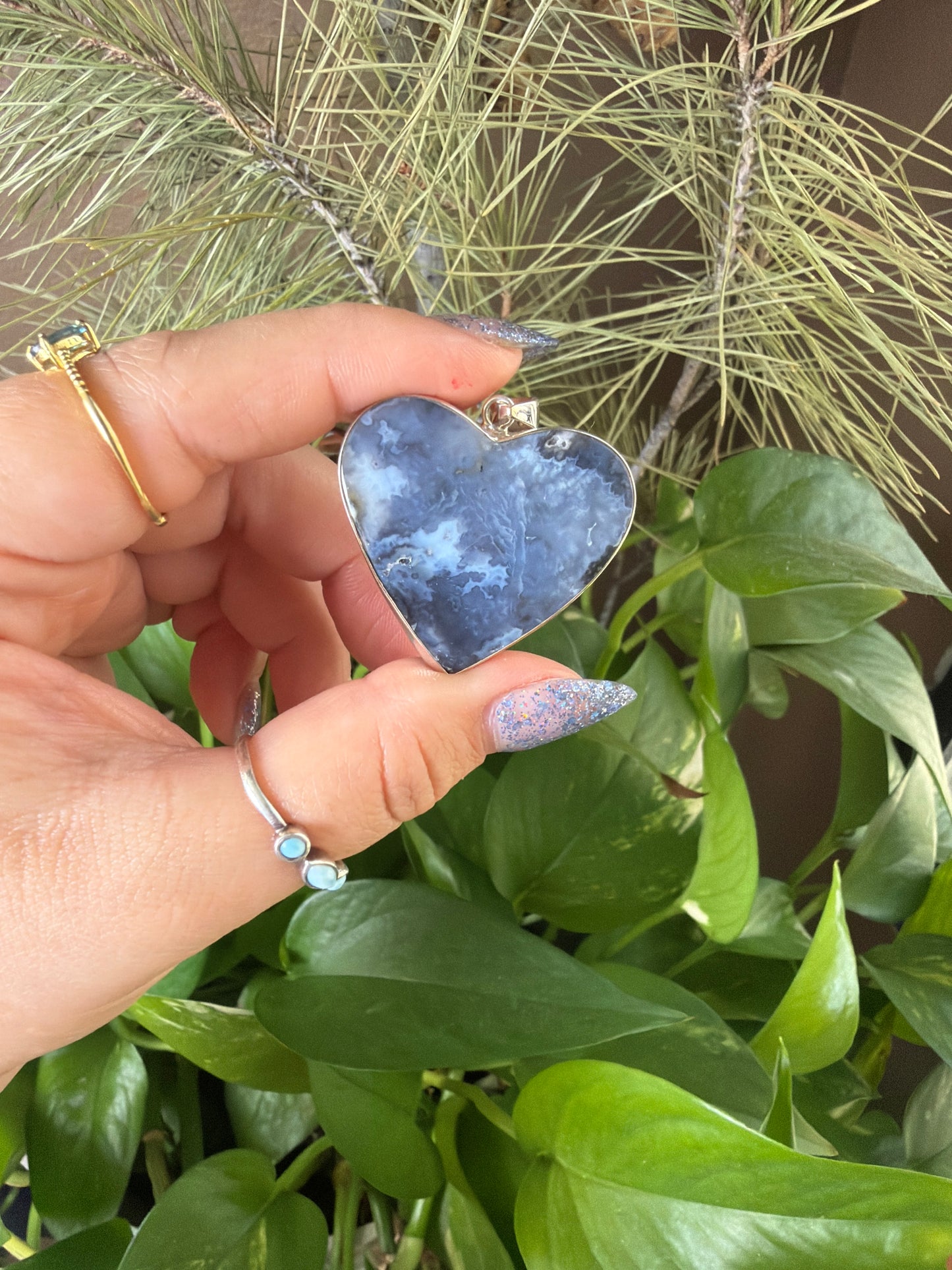 Blue Plume Agate Heart Necklace