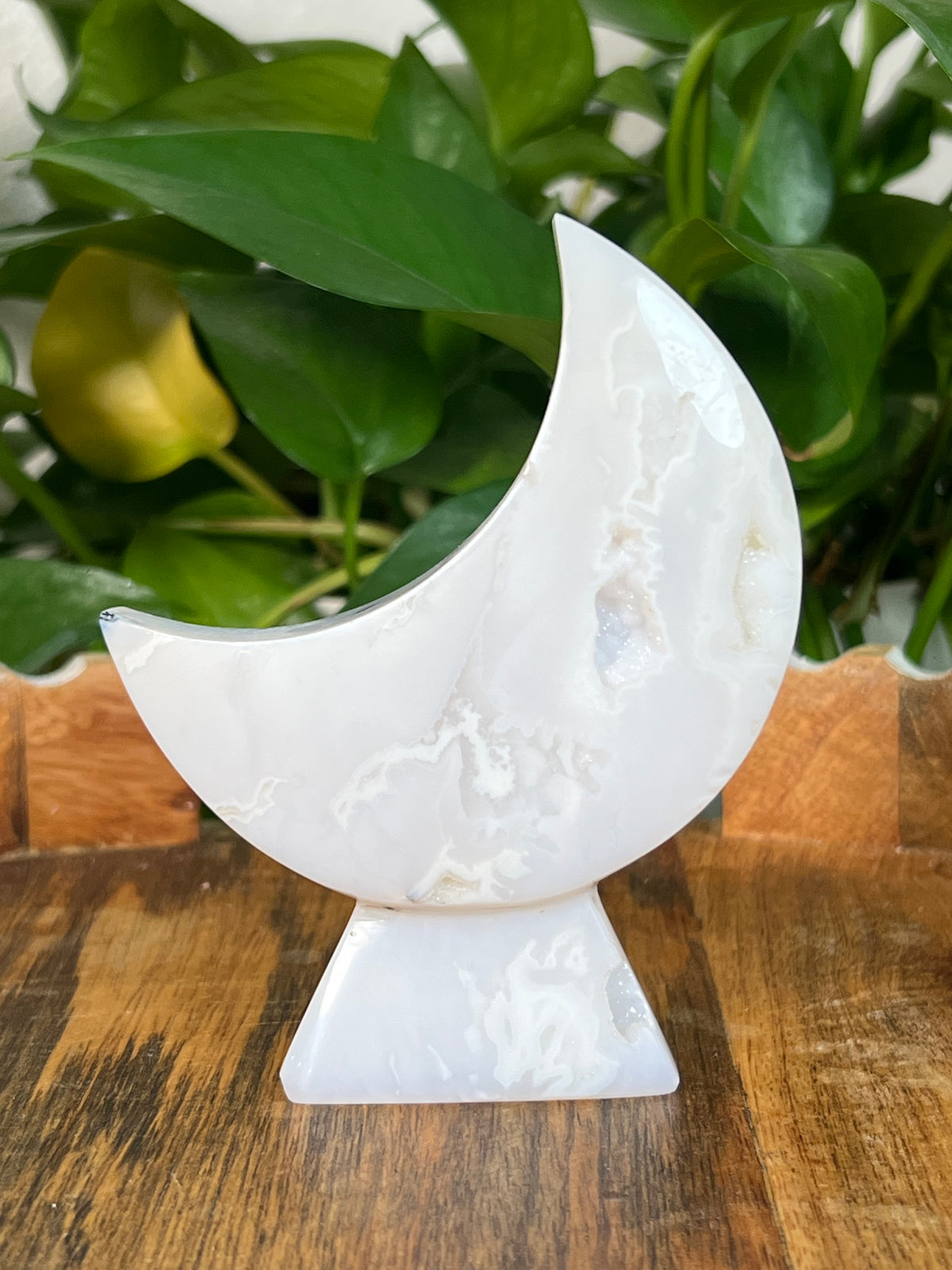 White Plume Agate Self Standing Moons