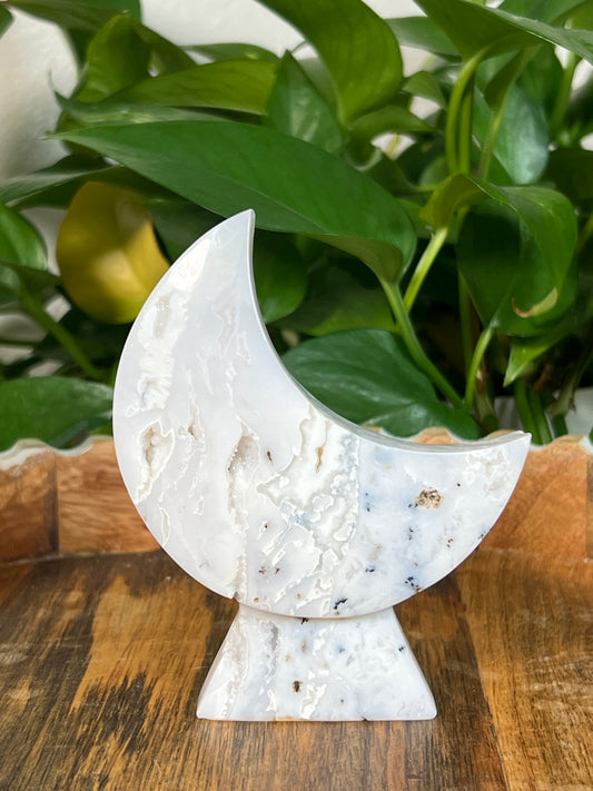 White Plume Agate Self Standing Moons