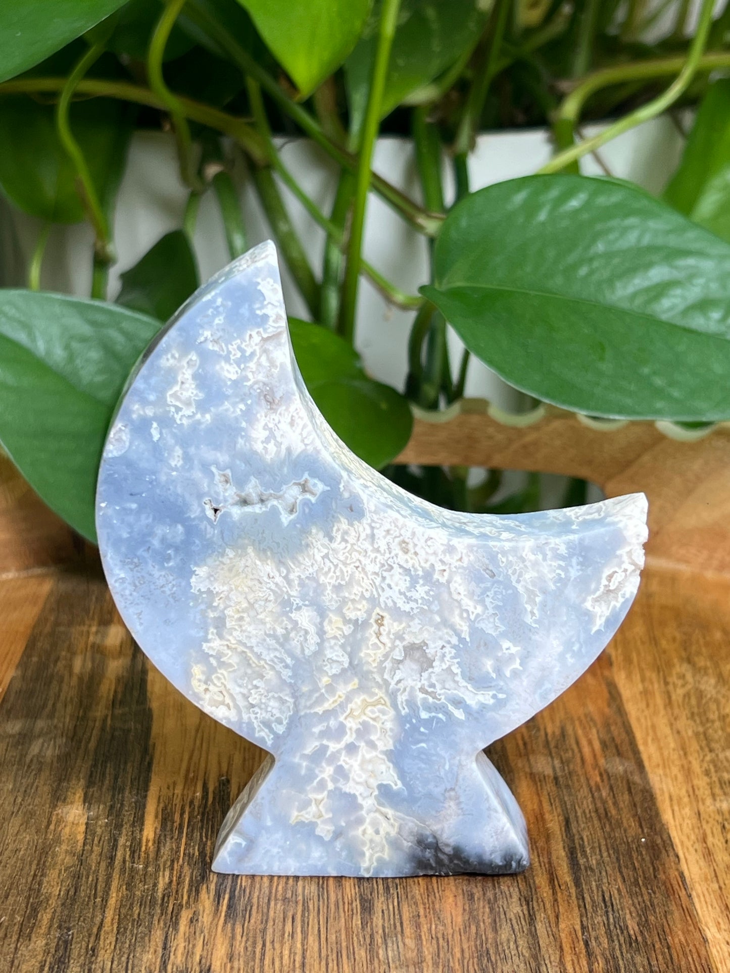 Blue Plume Agate Self-Standing Moon: LB