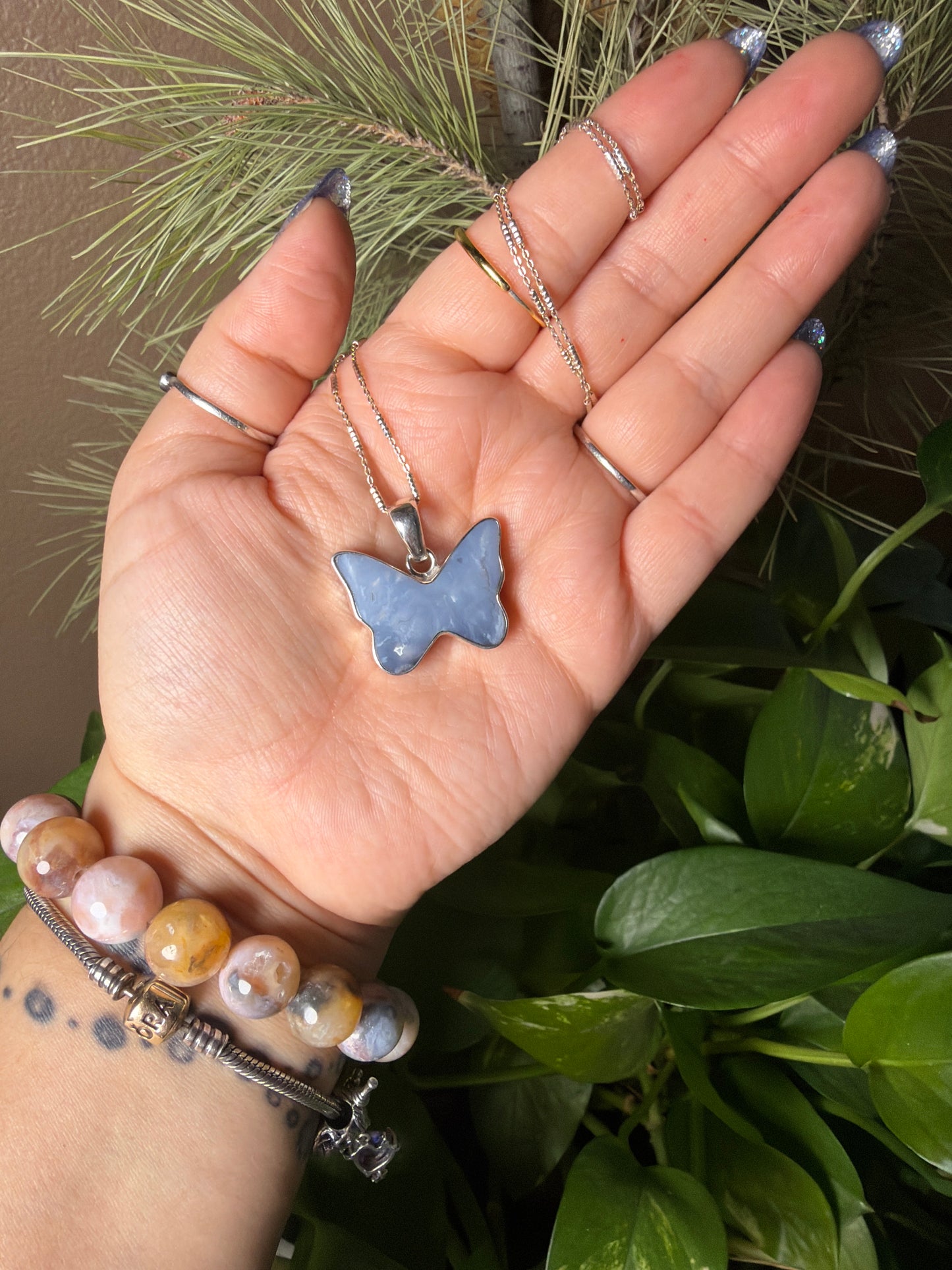 Blue Plume Agate Butterfly Necklace