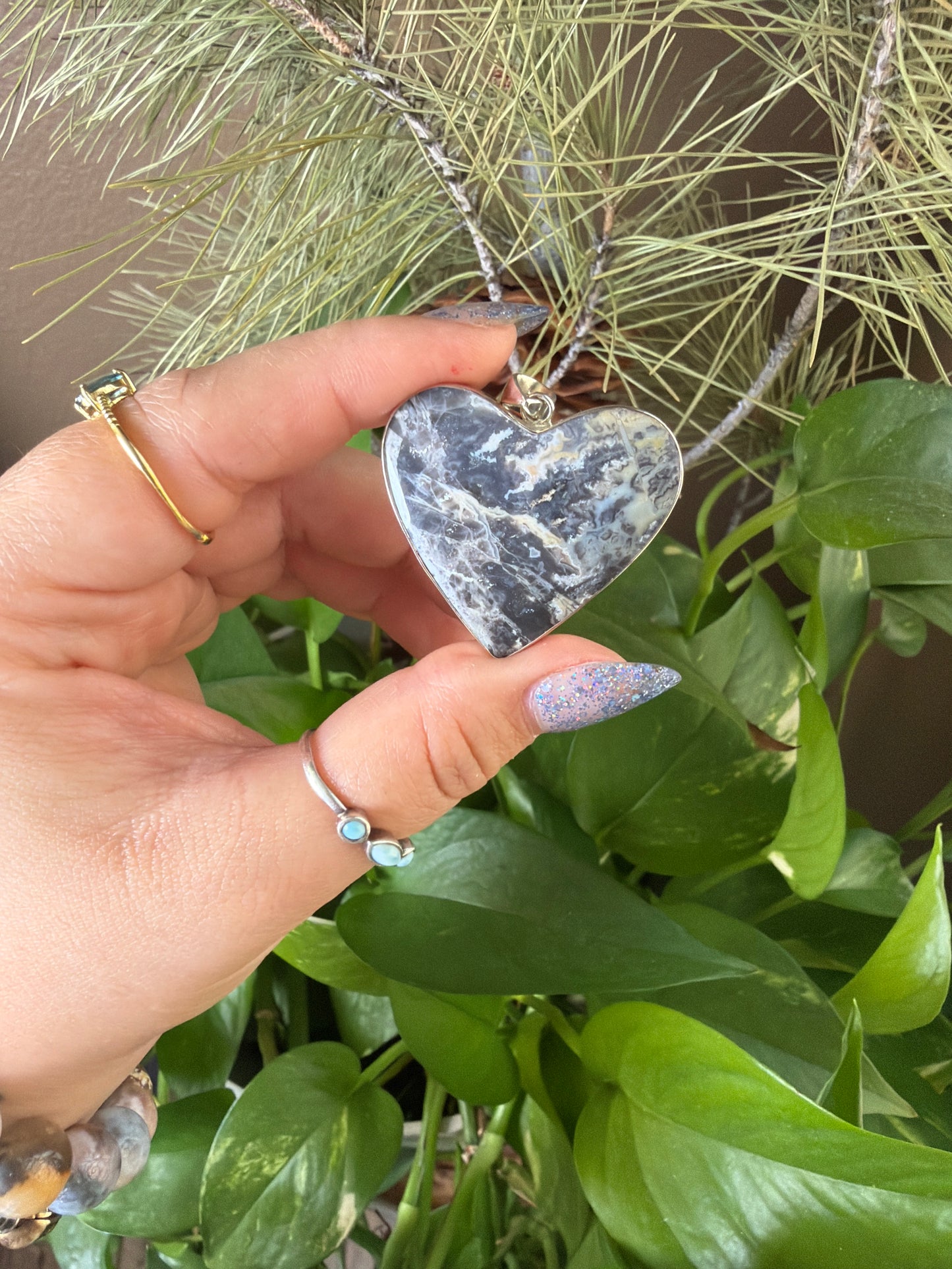 Blue Plume Agate Heart Necklace