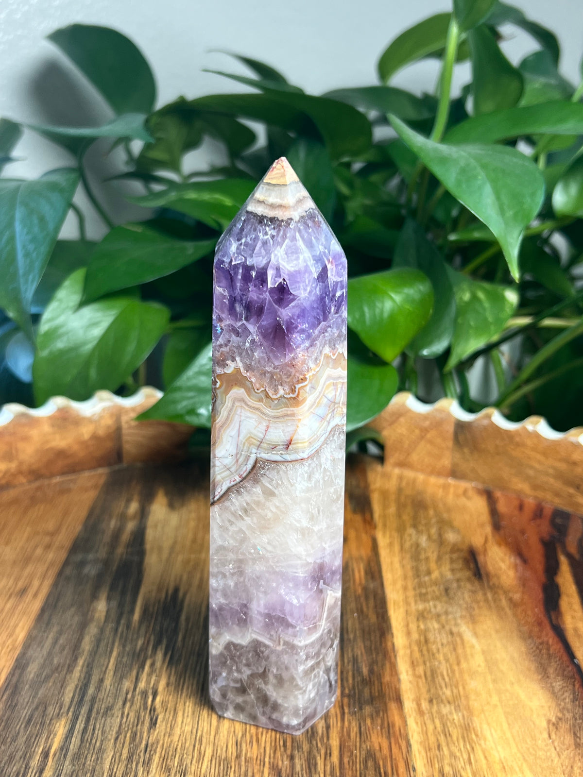 Mexican Crazy Lace Agate Amethyst Tower: Q