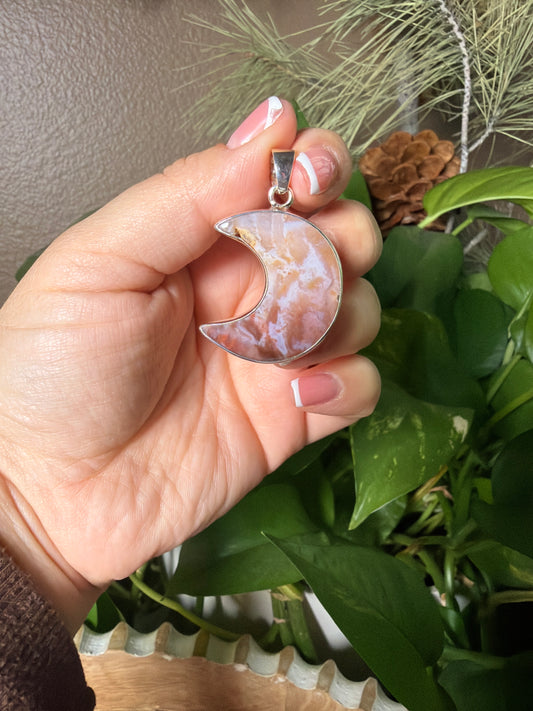 Rainbow Plume Agate Moon Pendant