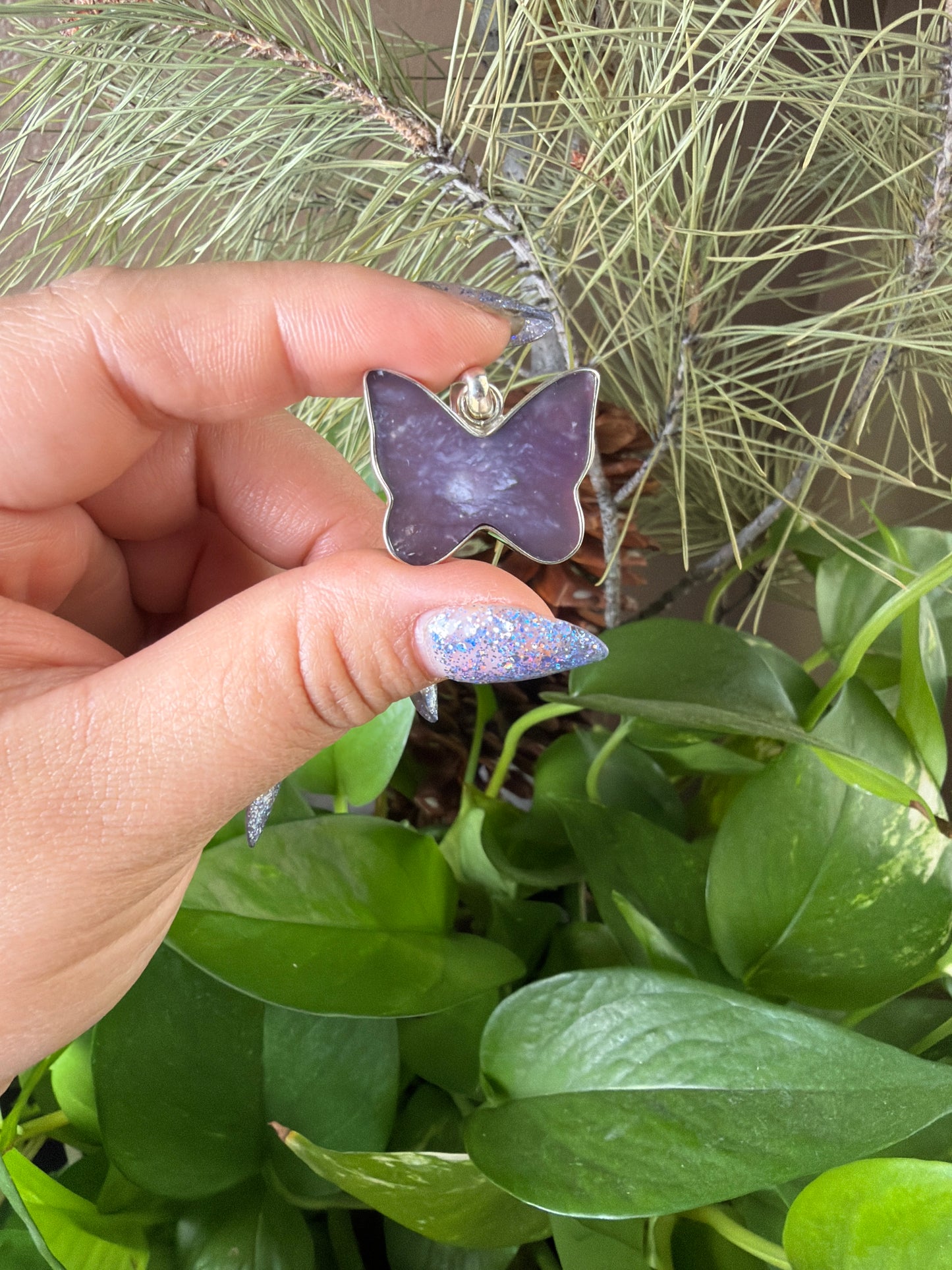 Purple Chalcedony Agate Butterfly Necklace