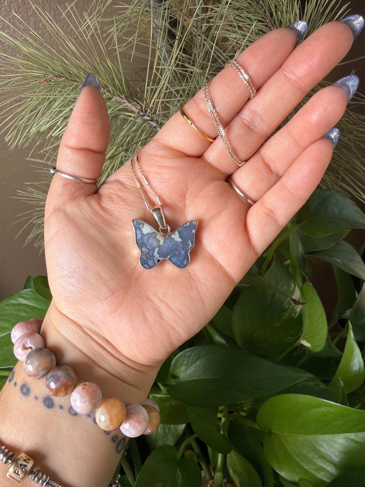Blue Plume Agate Butterfly Necklace