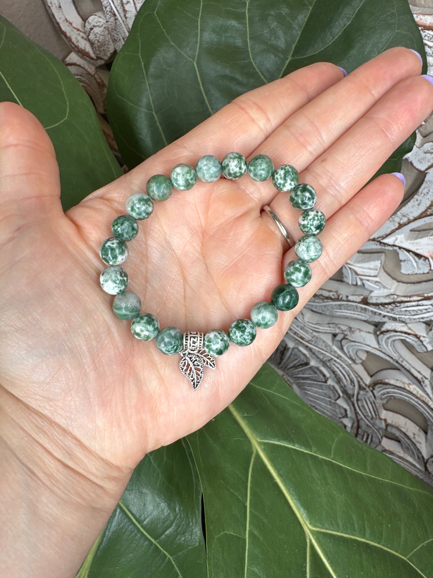 Tree Agate Beaded Bracelet + Silver Charm (8mm)