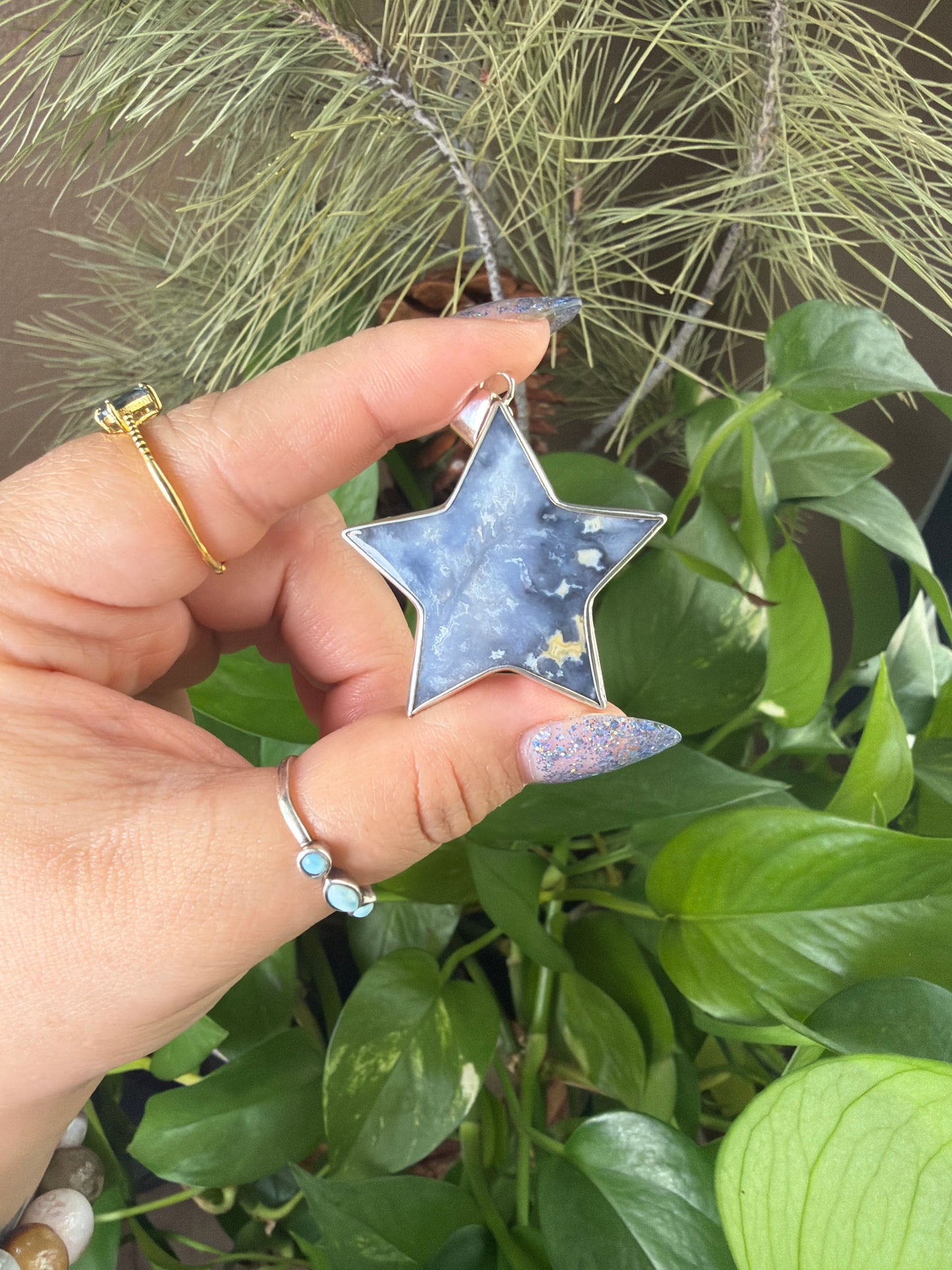 Blue Plume Agate Star Necklace