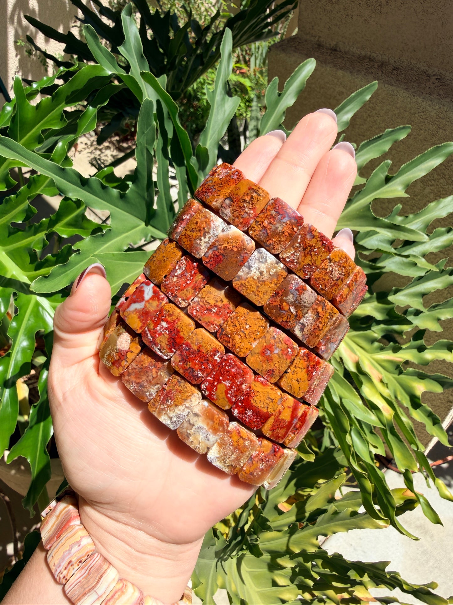 Gold & Red Moss Agate Rectangle Beaded Bracelet (17mm)