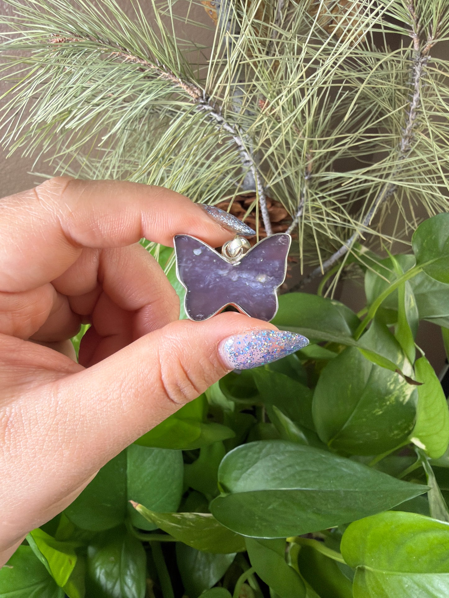 Purple Chalcedony Agate Butterfly Necklace