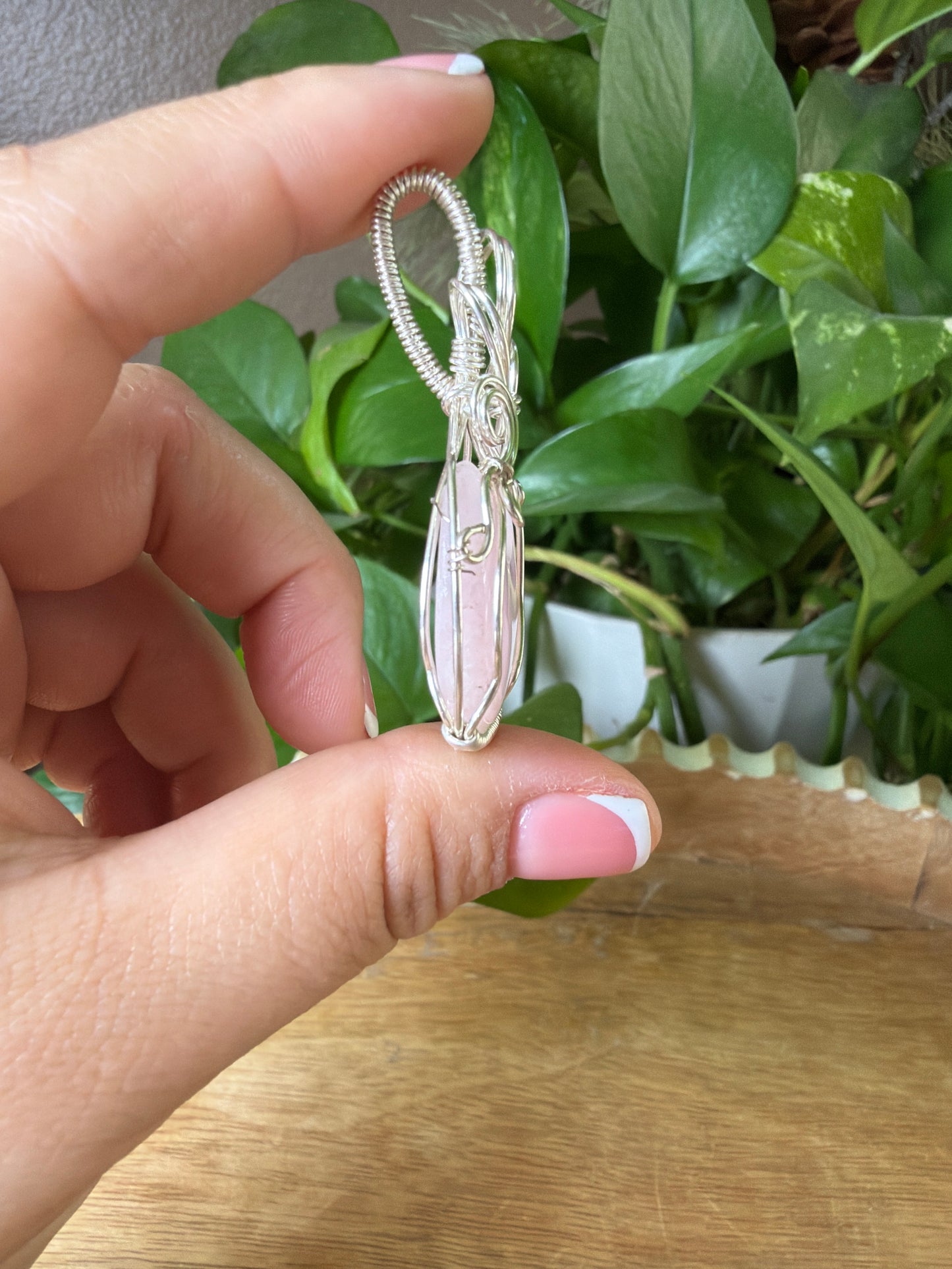 Rose Quartz Moon Wire Wrapped Necklace