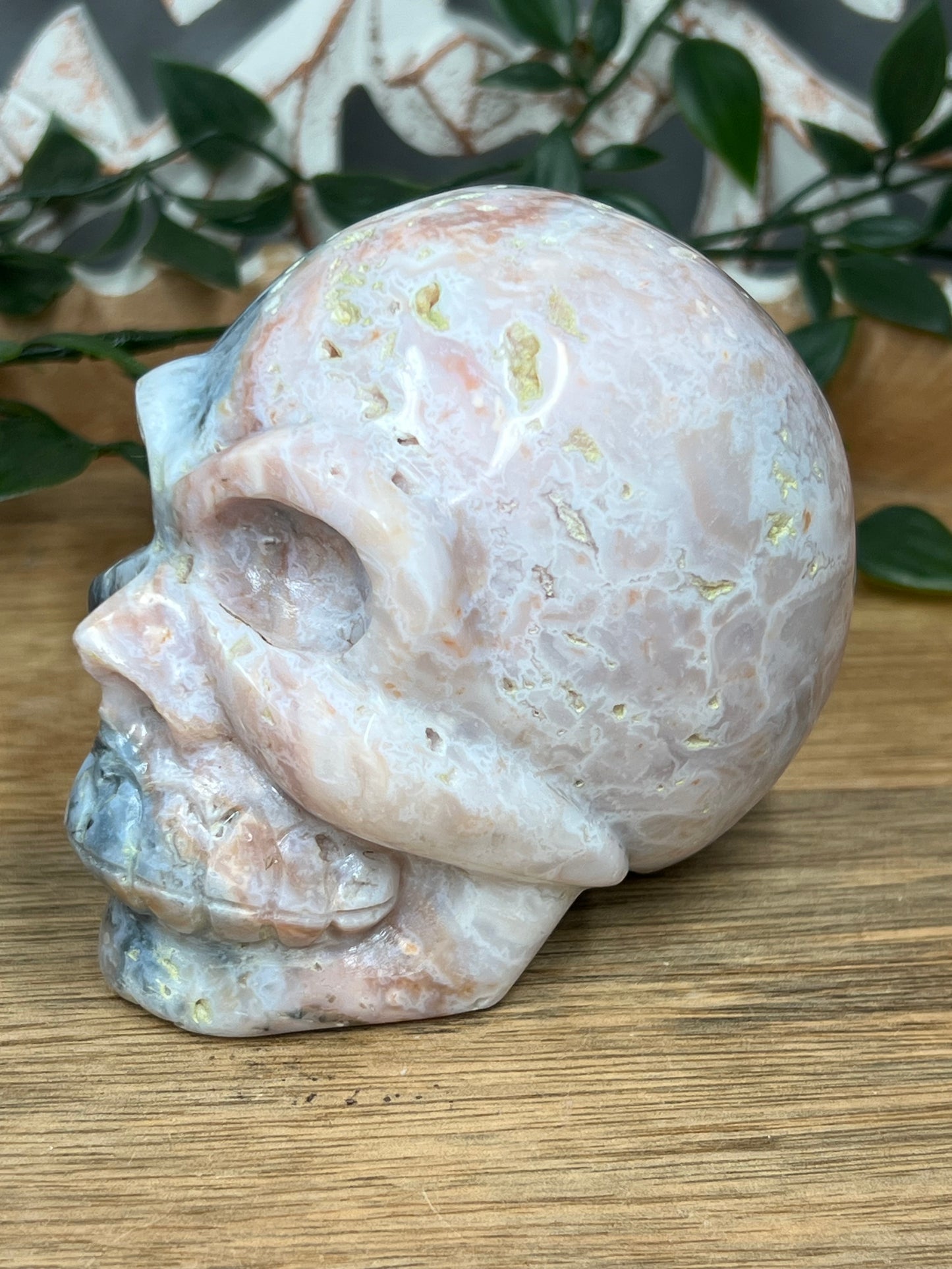 Rainbow Plume Agate Skull