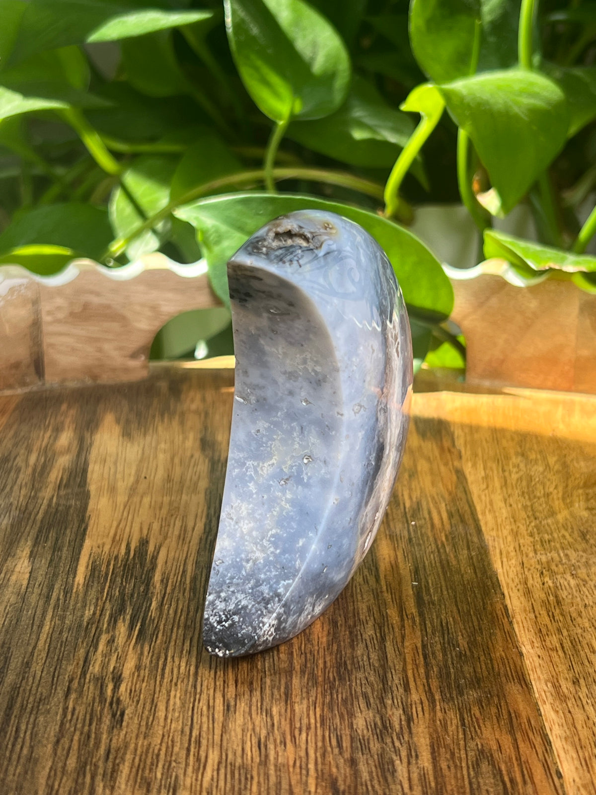 Blue Plume Agate Self- Standing Moon: BE