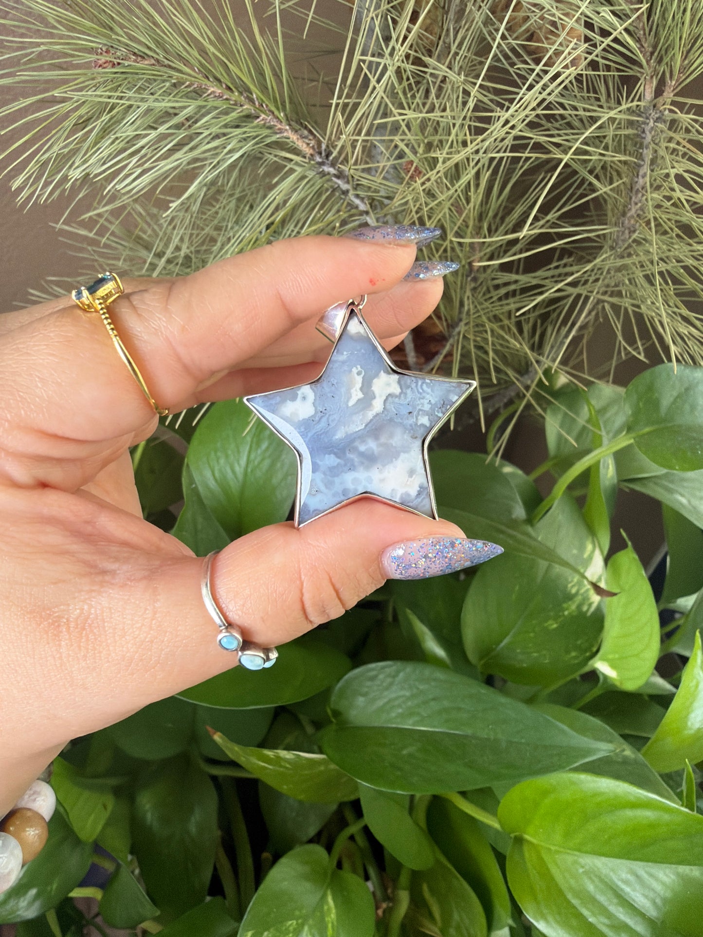 Blue Plume Agate Star Necklace
