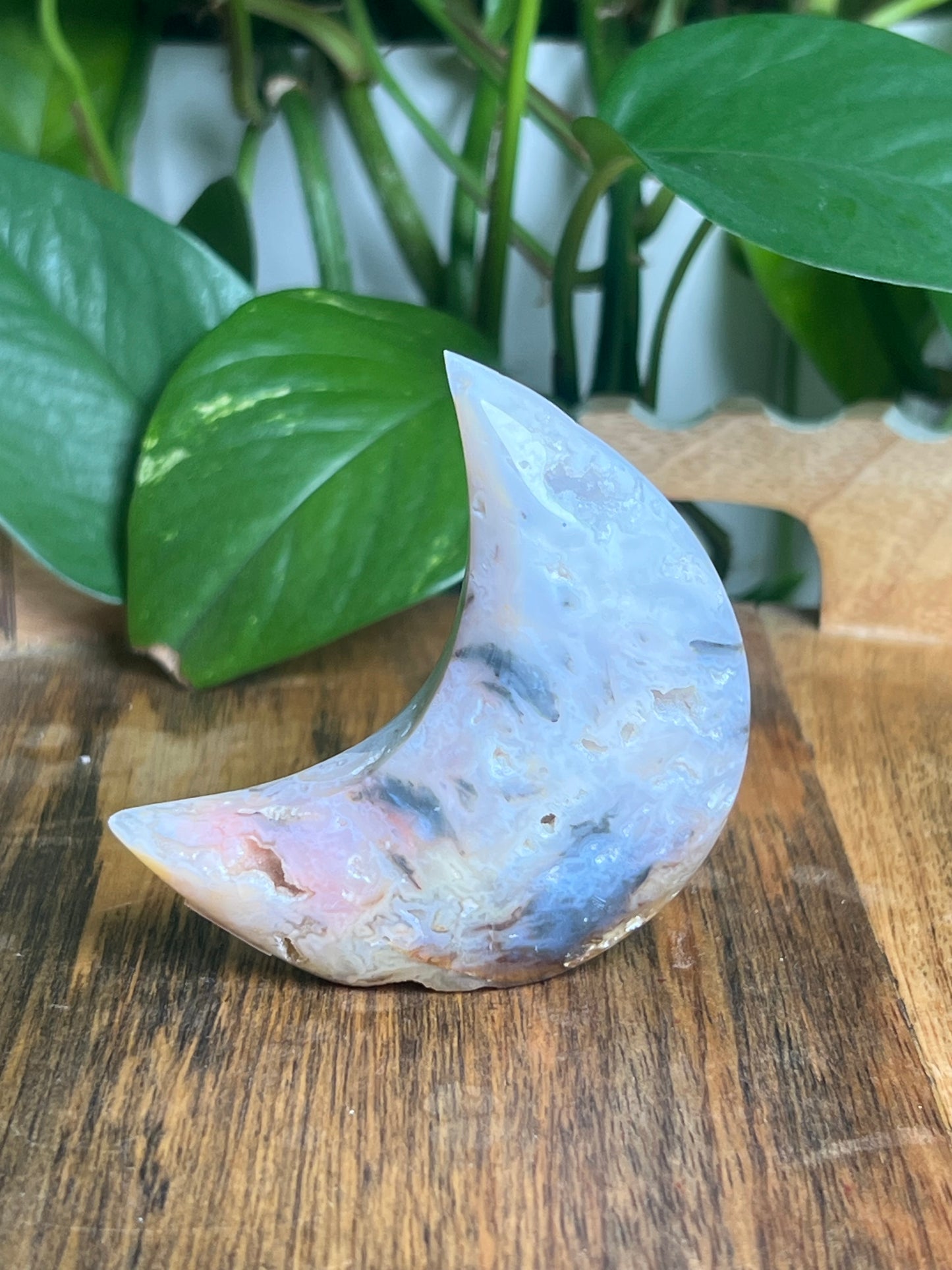 Rainbow Plume Agate Self-Standing Moon: Hi