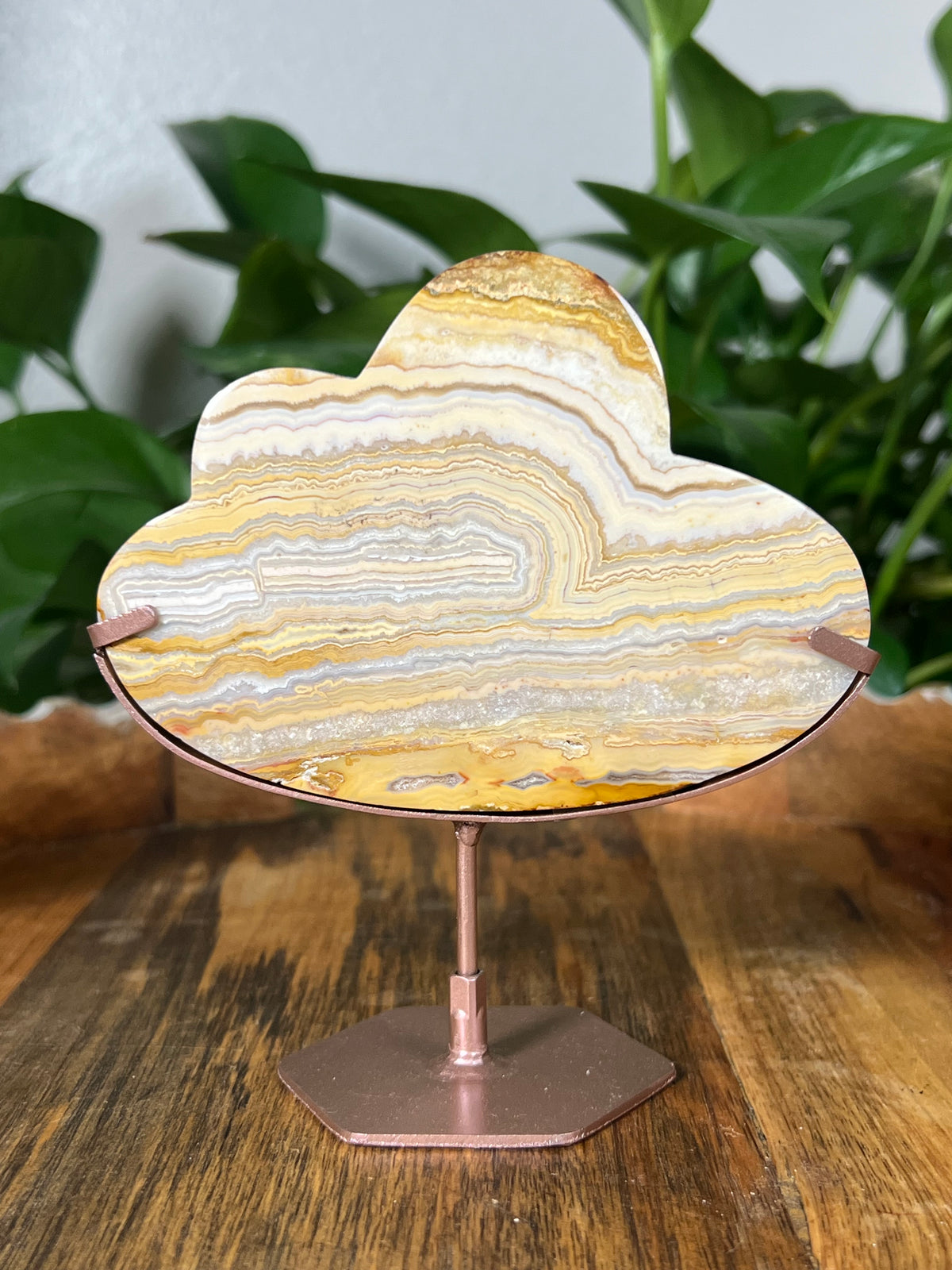 Yellow Crazy Lace Agate On Metal Stand Clouds