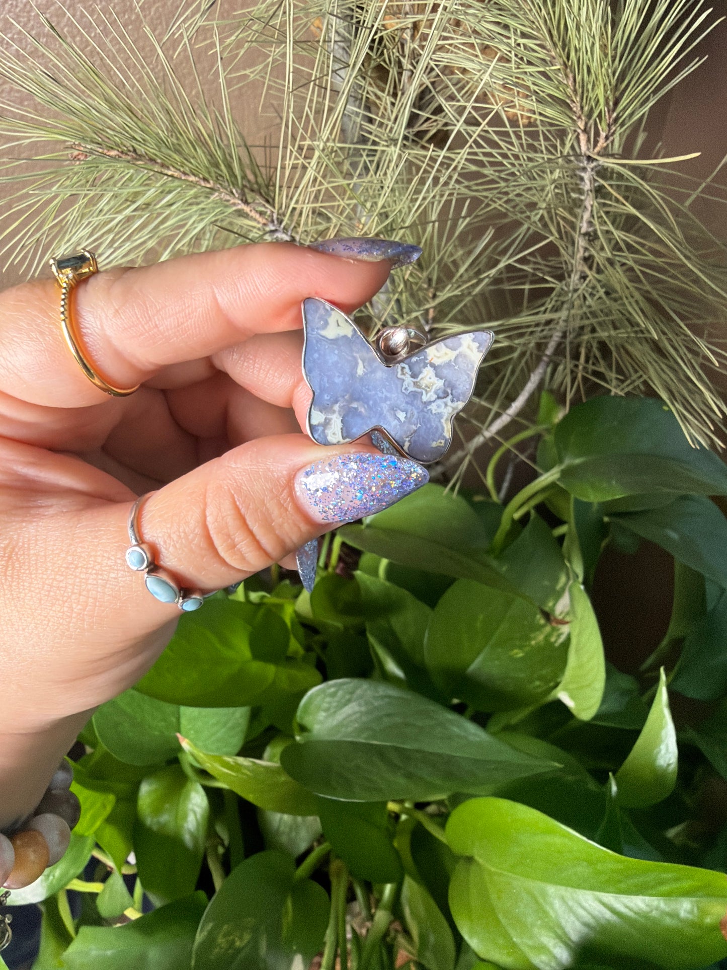 Blue Plume Agate Butterfly Necklace