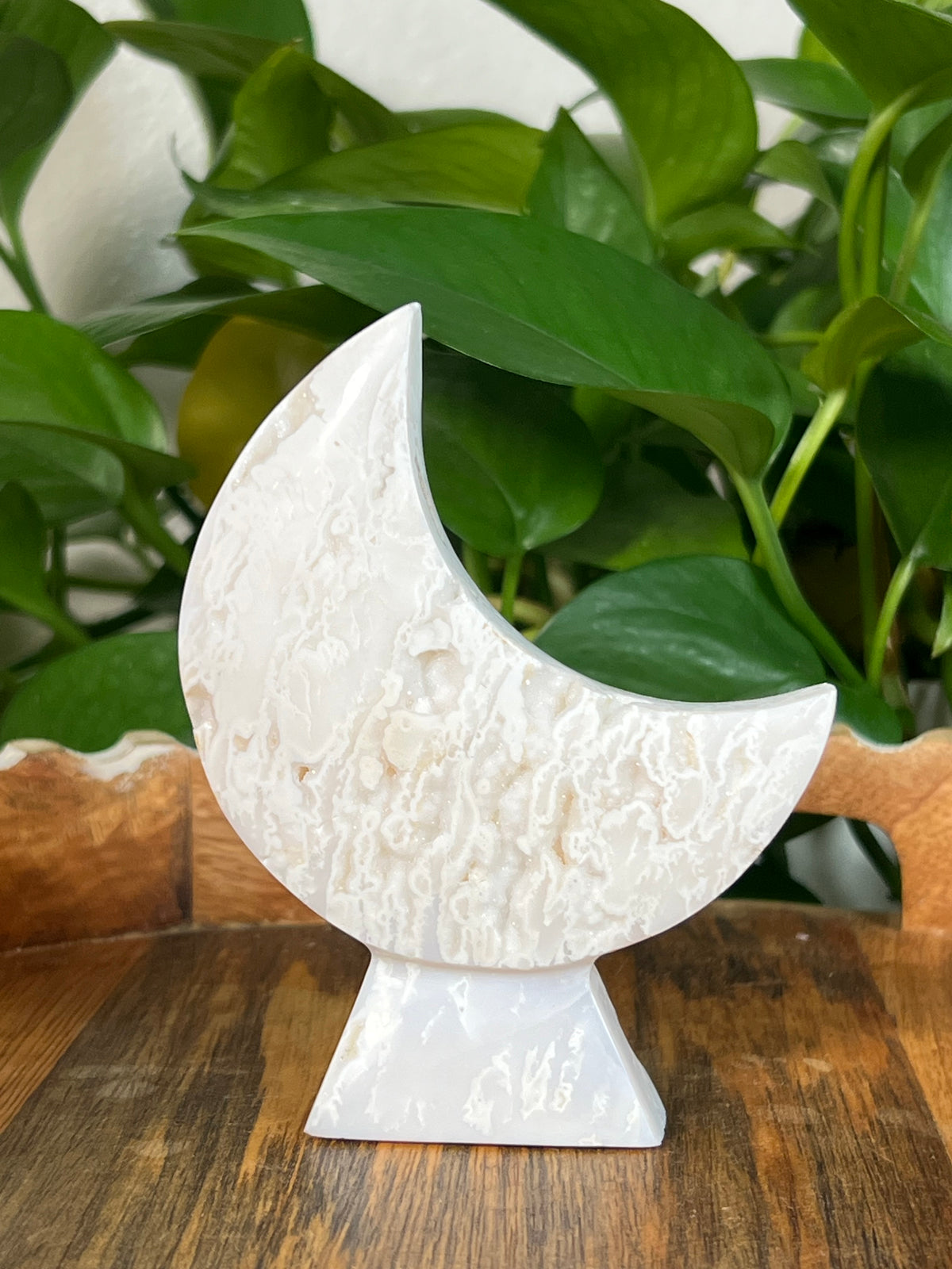 White Plume Agate Self Standing Moons